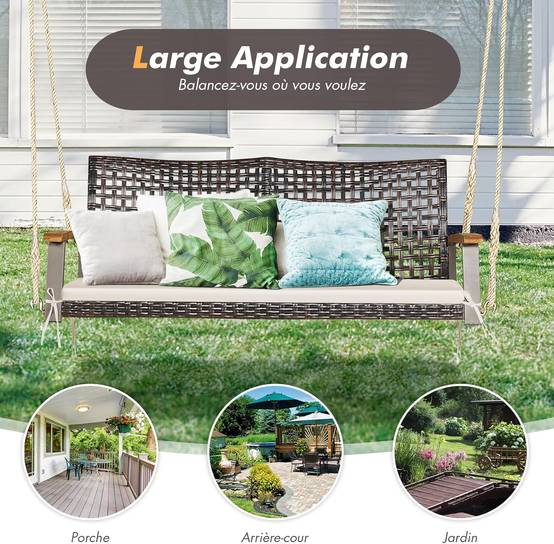 Balançoire de Jardin en Rotin à 2 Places,Banc Suspendu avec 2 Cordes de 300 CM,Charge 360 KG(Beige) - Image 6