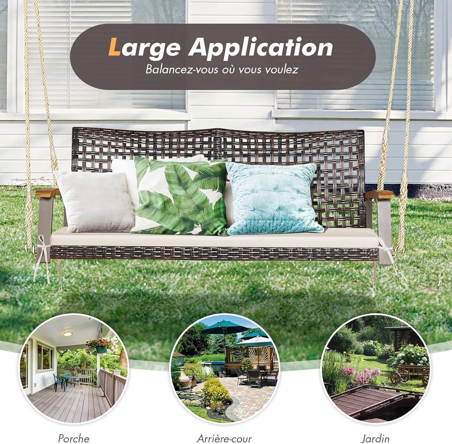 Balançoire de Jardin en Rotin à 2 Places,Banc Suspendu avec 2 Cordes de 300 CM,Charge 360 KG(Beige) - Image 6