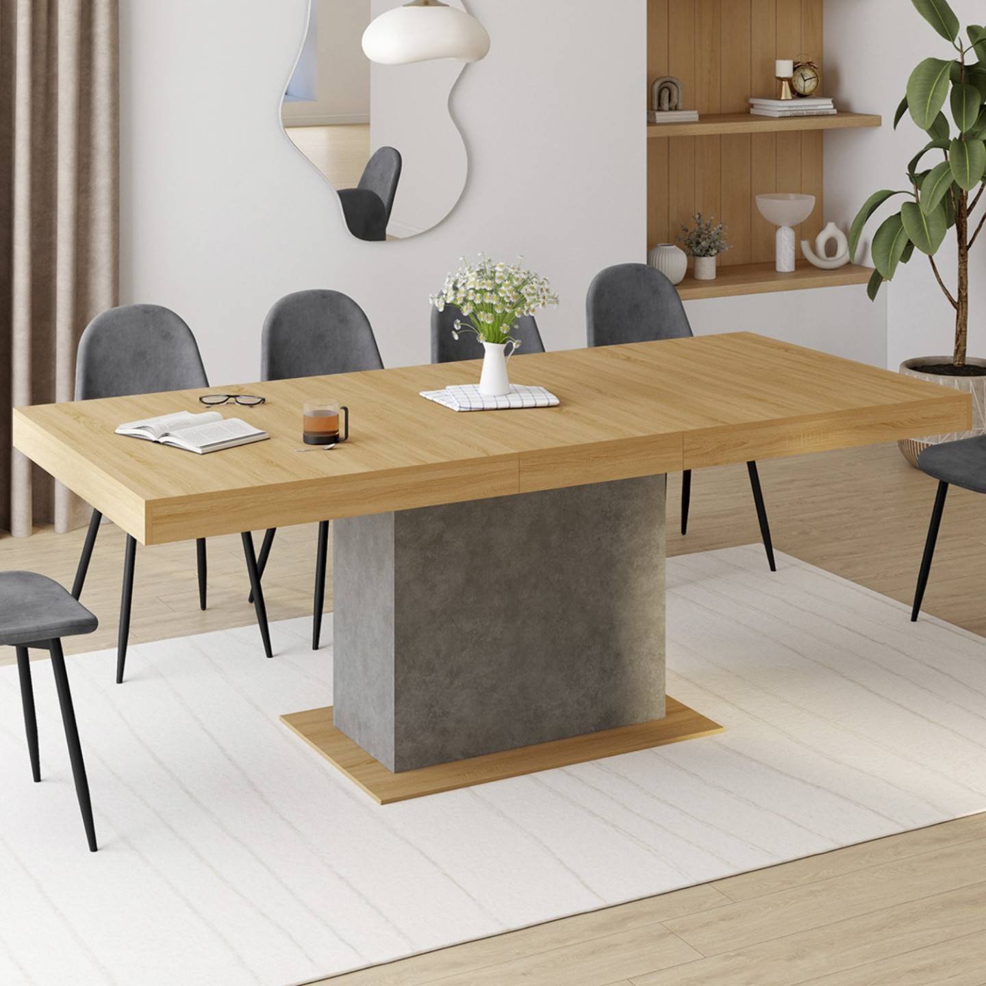 Table à manger extensible rectangle EDEN 6-10 personnes bois et effet béton 160-200 cm - Image 1