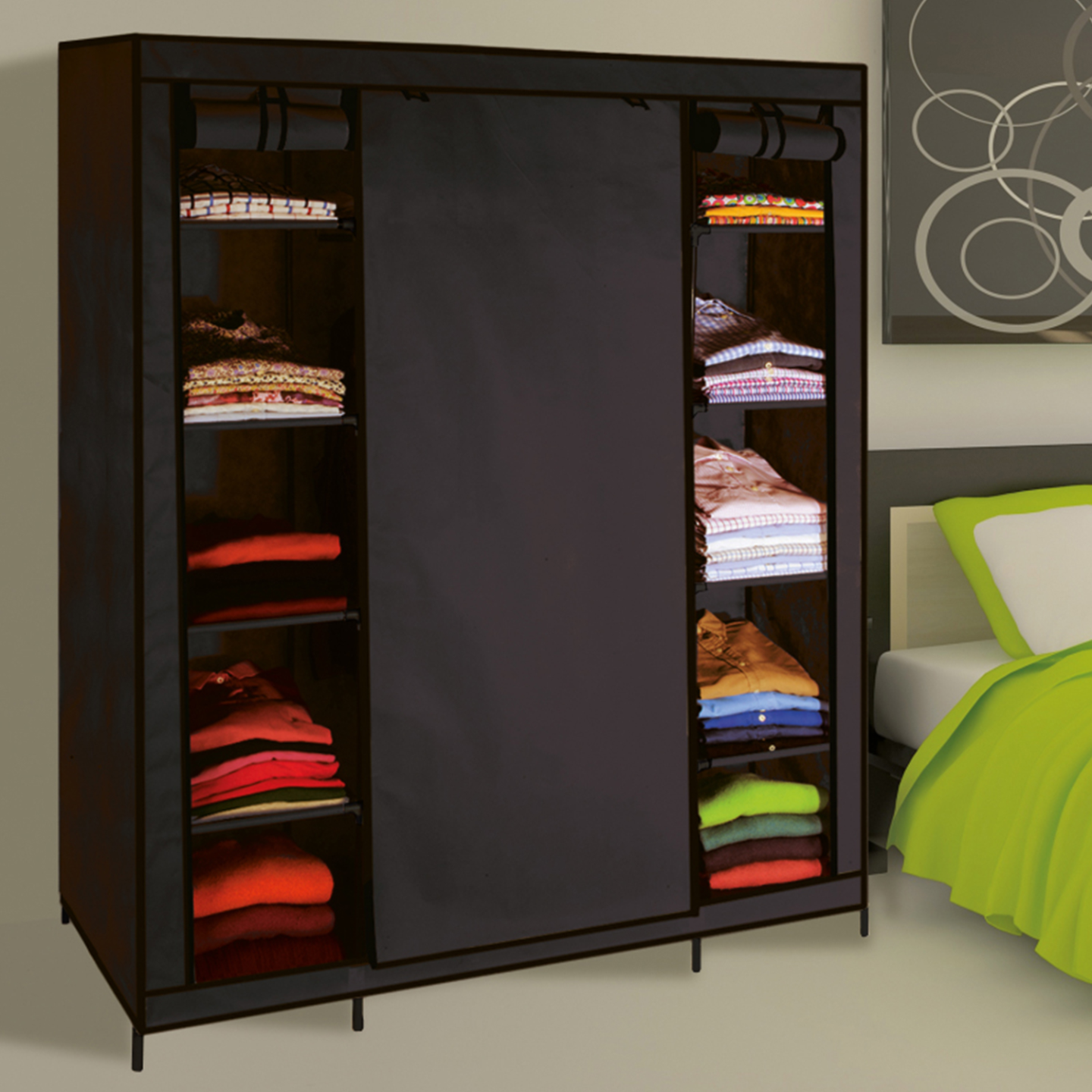 Armoire de rangement penderie pliable vêtements en tissu noir dressing XXL - Image 1