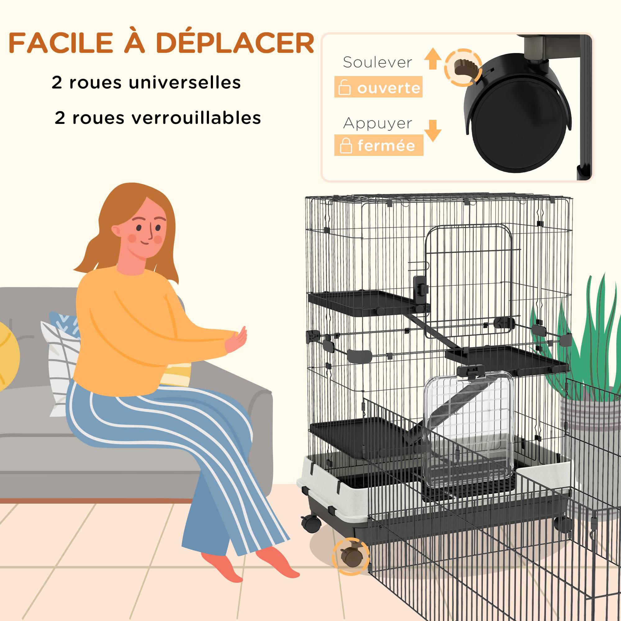 Cage sur roulettes métal pour rongeurs habitat 3 niveaux 182x81x114cm noir - ComfortXL Outdoor Living - Image 7
