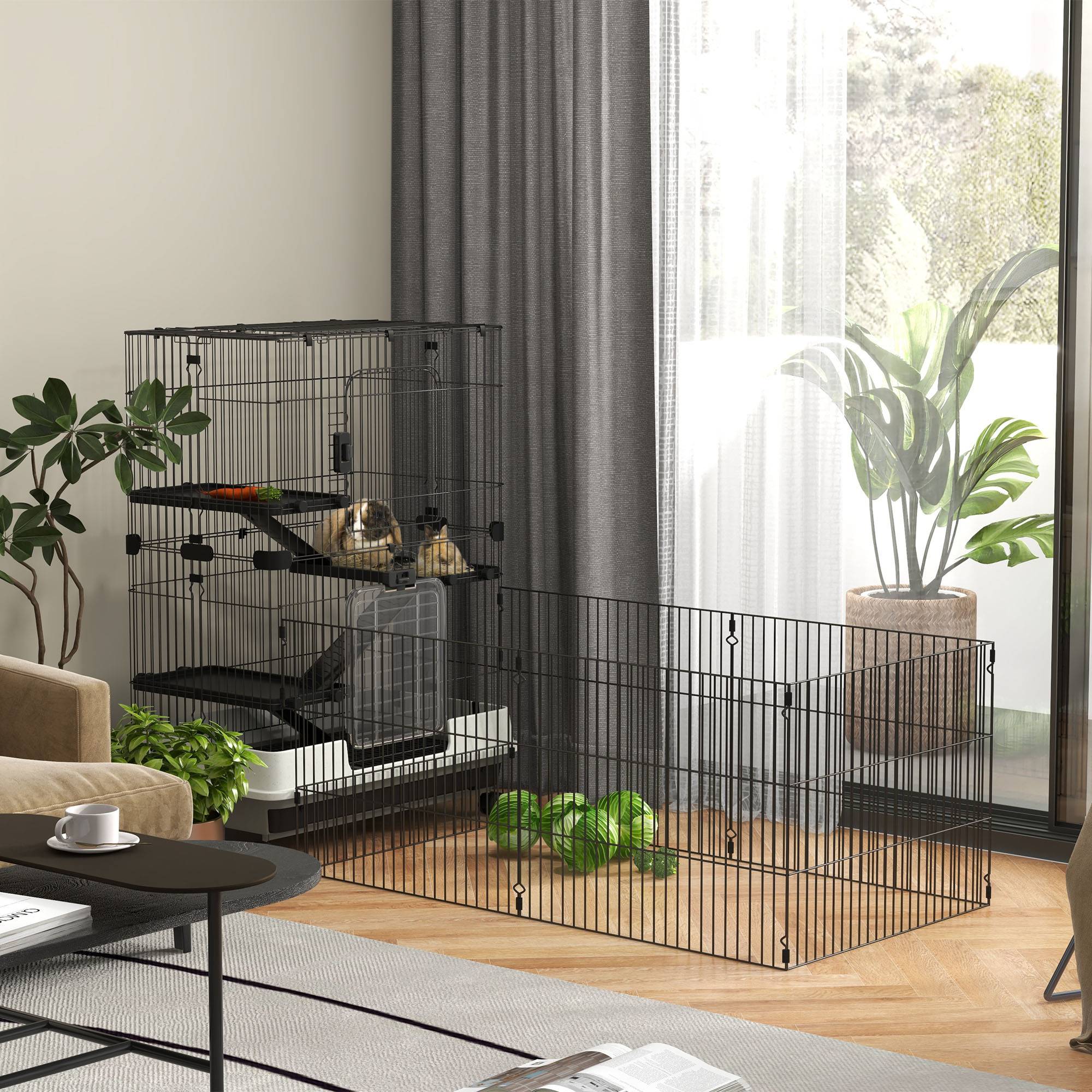 Cage sur roulettes métal pour rongeurs habitat 3 niveaux 182x81x114cm noir - ComfortXL Outdoor Living - Image 3
