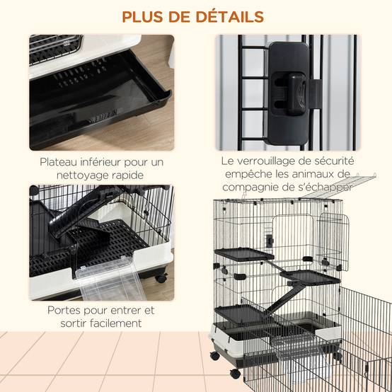 Cage sur roulettes métal pour rongeurs habitat 3 niveaux 182x81x114cm noir - ComfortXL Outdoor Living - Image 9