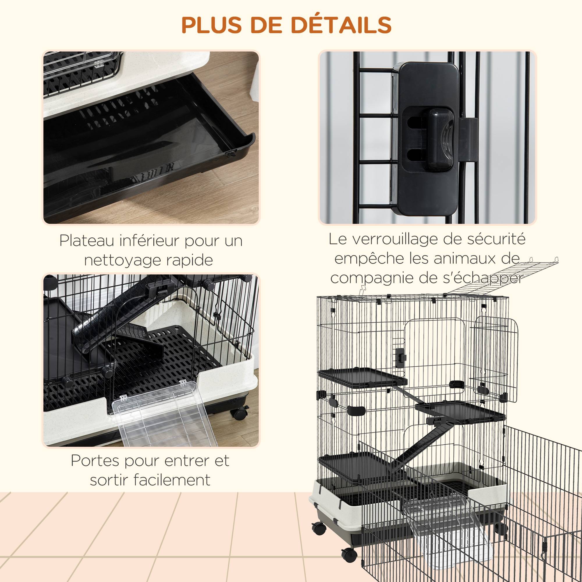 Cage sur roulettes métal pour rongeurs habitat 3 niveaux 182x81x114cm noir - ComfortXL Outdoor Living - Image 9