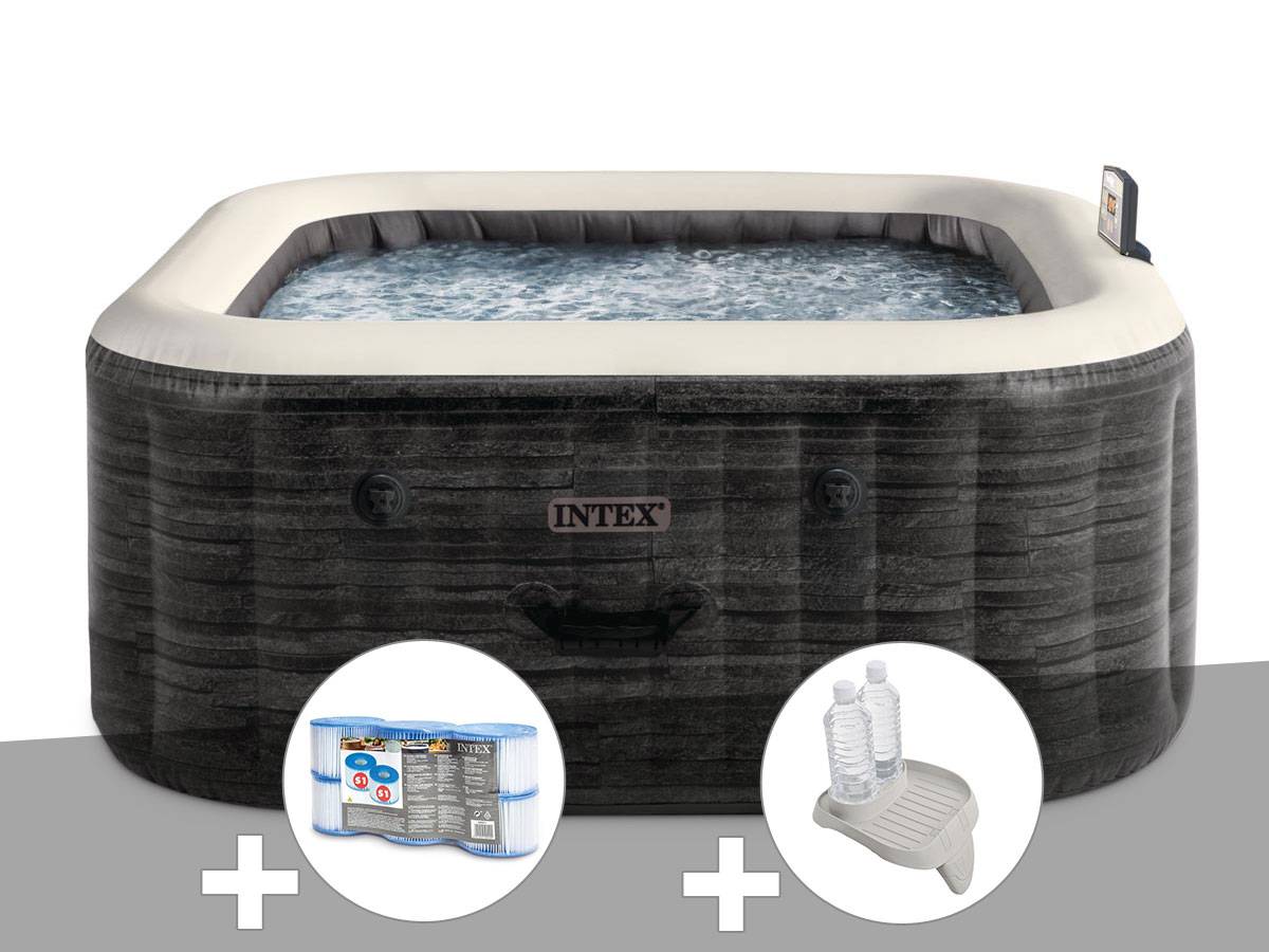 Kit spa gonflable Intex PureSpa Ardoise carré Bulles 6 places + 6 filtres + Porte-verre