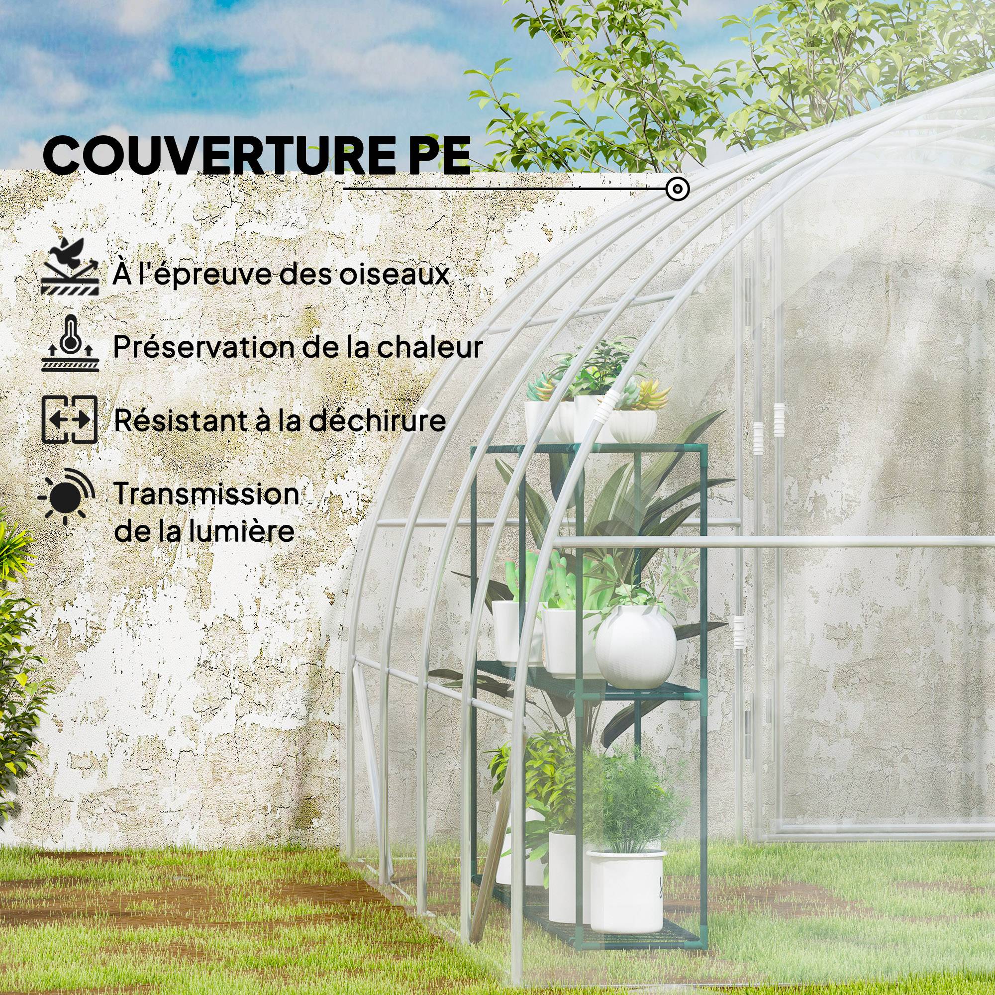 Serre de jardin tunnel 4 x 3 x 2 m 12 m² avec 2 portes à charnières bâche en PE 150 g/m² pour Légumes Plantes Fleurs - Image 6