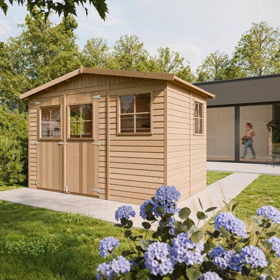 Timbela - Abri de Jardin en Bois Naturel H226x324x216 cm/6 m² - Stockage extérieur avec fenêtres - 17 mm d’épaisseur - Timbela M334 - Image 1