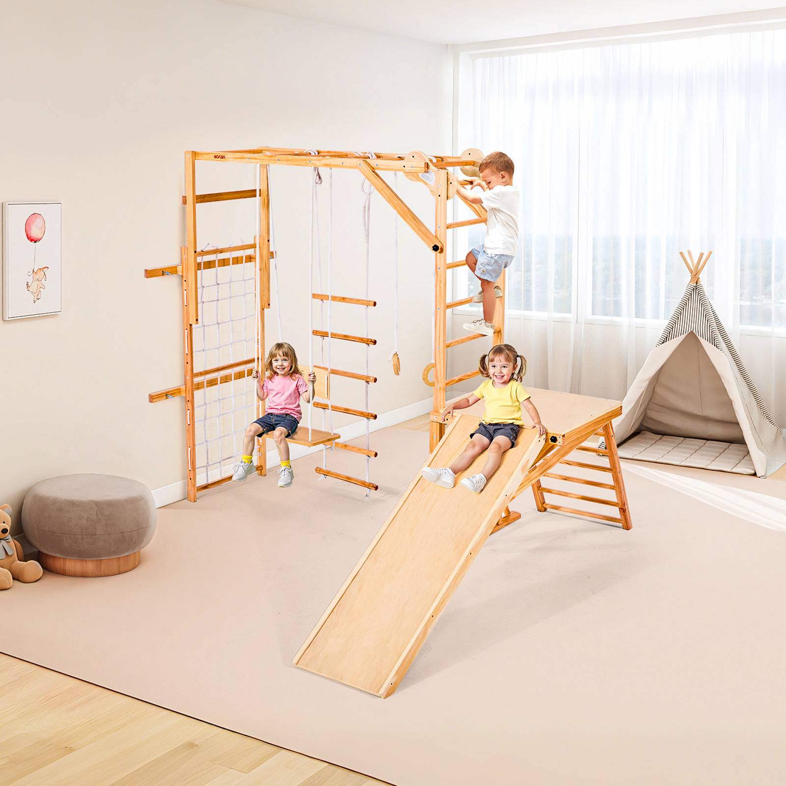 Vevor - VEVOR Aire de jeux intérieure 8-en-1 en bois - toboggan, balançoire, barre de singe, anneaux, échelles, filet d'escalade - Image 8