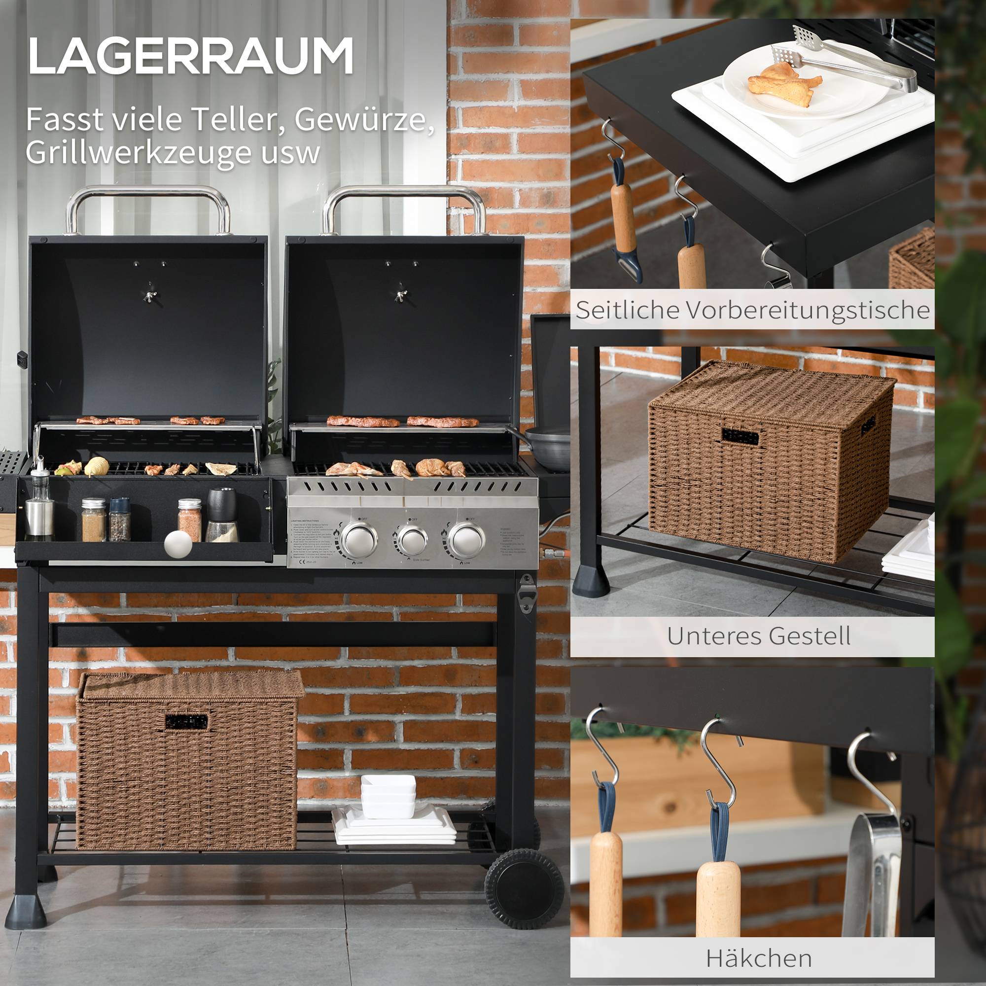 PANGIVO - Barbecue mixte gaz et charbon acier noir et argent 161 x 54 x 103 cm - PANGIVO - Image 9