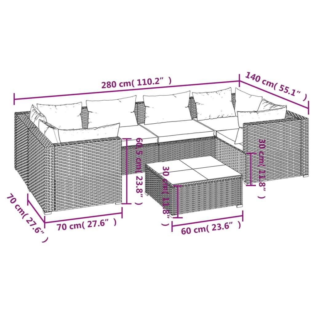 Salon de jardin meuble d'extérieur ensemble de mobilier 7 pièces avec coussins résine tressée marron - Image 7