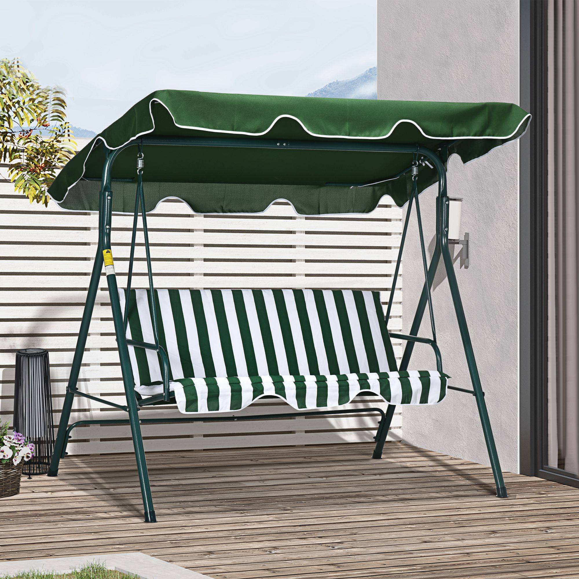 Balancelle rayures vertes blanches 3 places 172x110x153cm coussin auvent réglable acier - Image 4