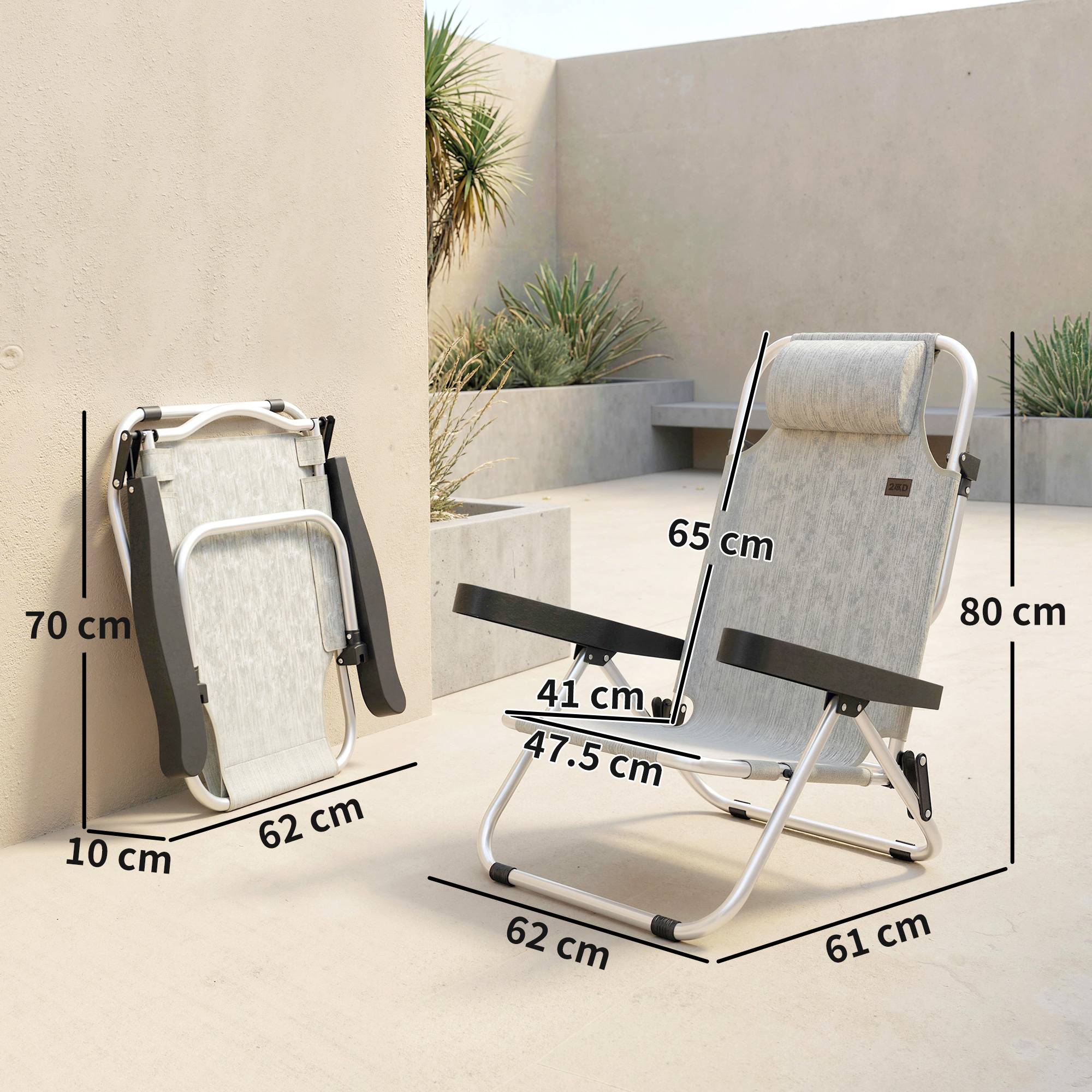 Sans Marque - Lot de 2 chaises longues pliantes et inclinables 4 positions avec appui-tête, aluminium, 62 x 61 x 80 cm, gris - Image 4