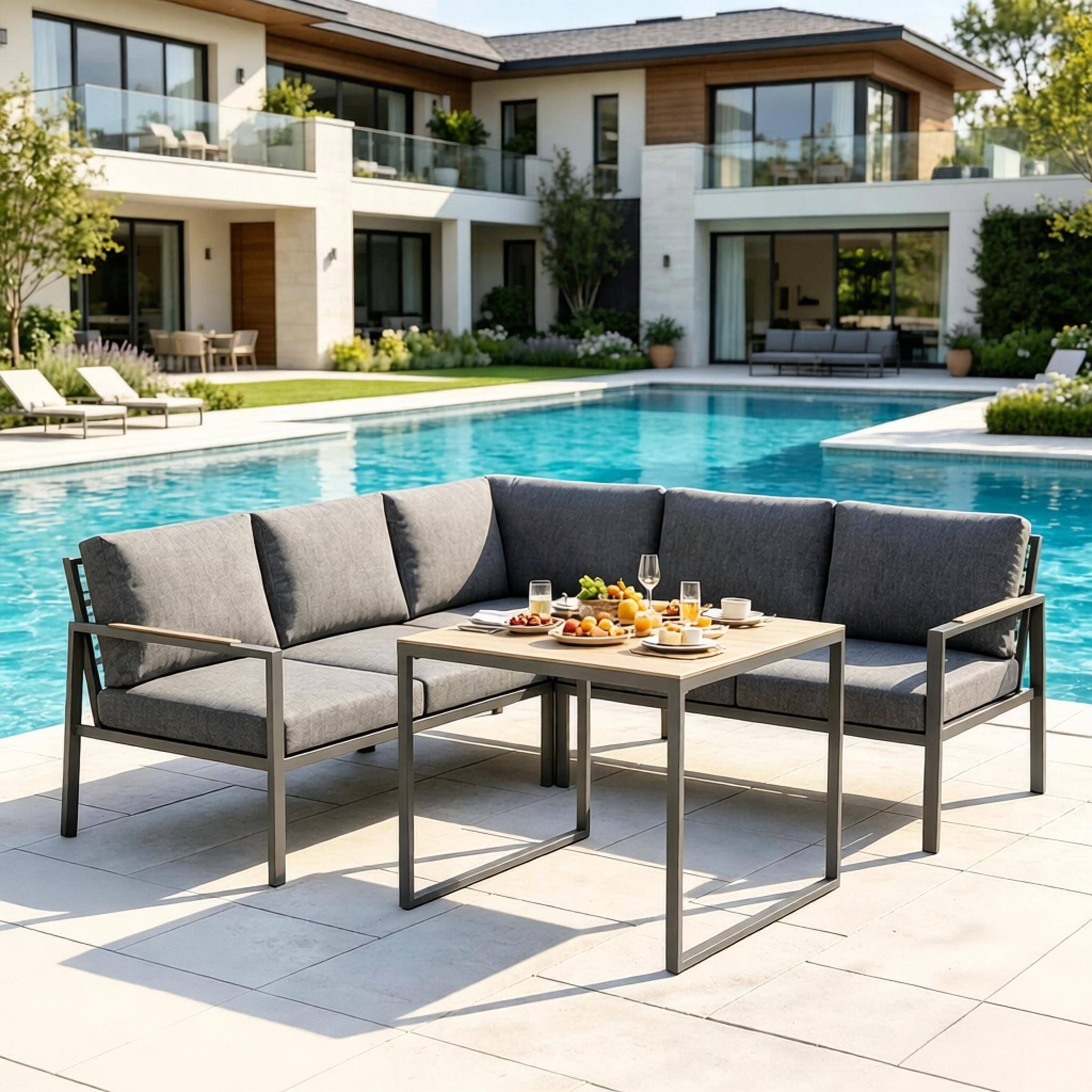 ComfortXL - Salon de jardin d’angle métal 5 places extérieur avec table verre 183 x 183 cm gris foncé - ComfortXL Outdoor Living - Image 1