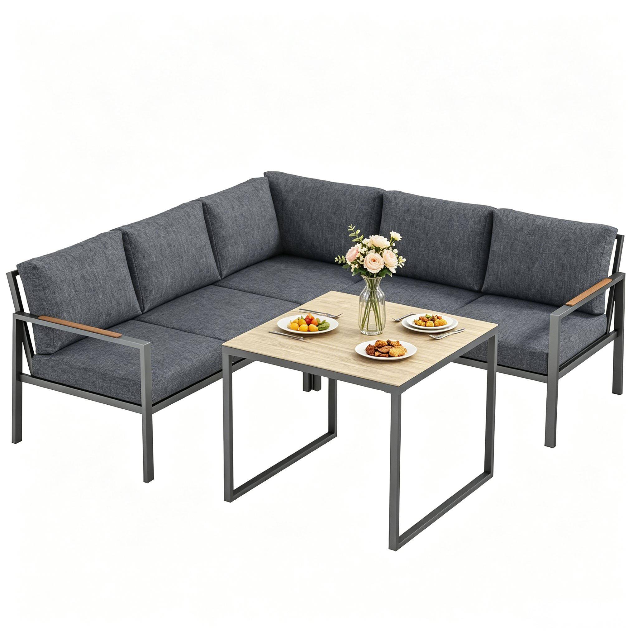 ComfortXL - Salon de jardin d’angle métal 5 places extérieur avec table verre 183 x 183 cm gris foncé - ComfortXL Outdoor Living - Image 3