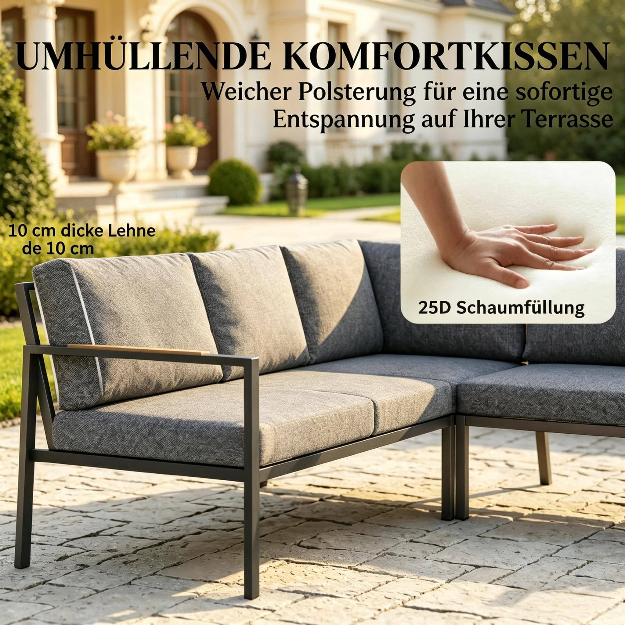 ComfortXL - Salon de jardin d’angle métal 5 places extérieur avec table verre 183 x 183 cm gris foncé - ComfortXL Outdoor Living - Image 6