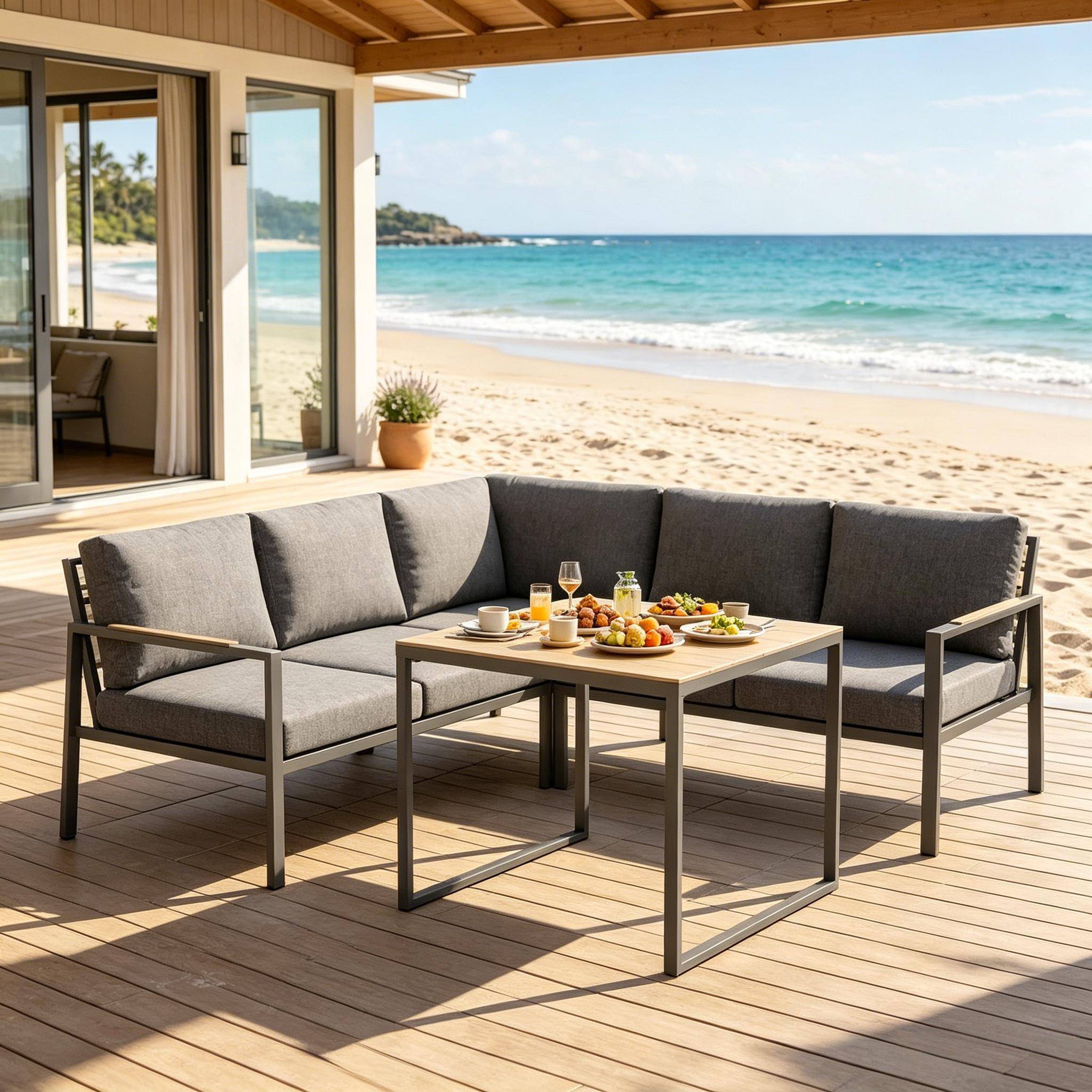 ComfortXL - Salon de jardin d’angle métal 5 places extérieur avec table verre 183 x 183 cm gris foncé - ComfortXL Outdoor Living - Image 2