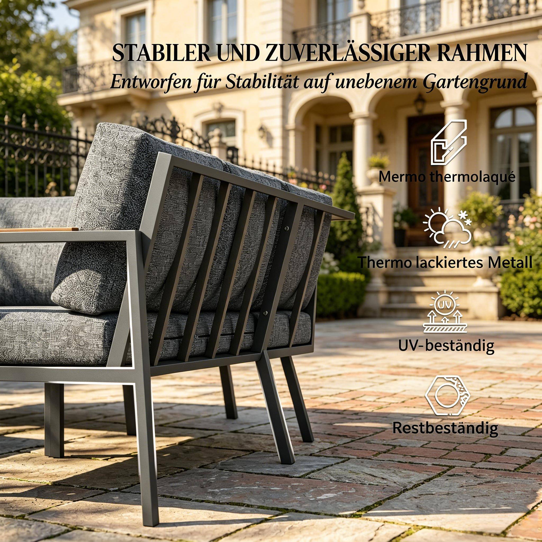 ComfortXL - Salon de jardin d’angle métal 5 places extérieur avec table verre 183 x 183 cm gris foncé - ComfortXL Outdoor Living - Image 7