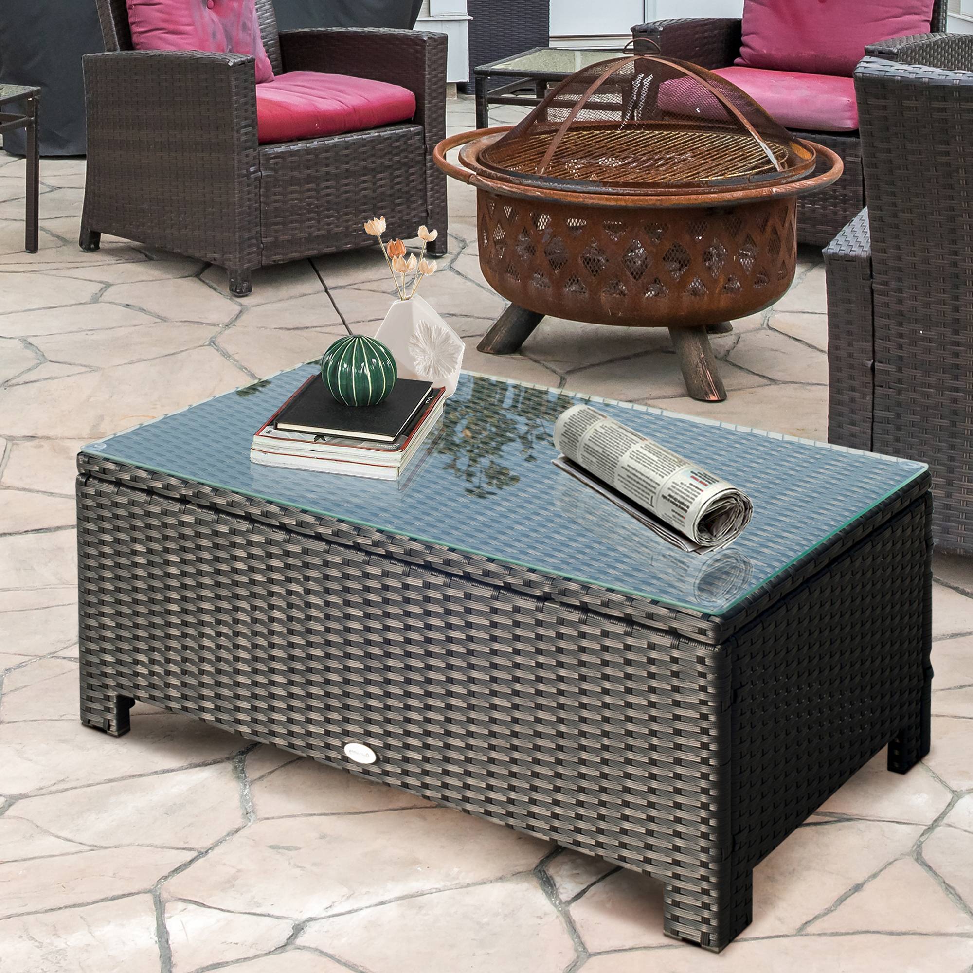 PANGIVO - Table basse de jardin résine tressée et verre trempé noir 85 x 50 x 39 cm - PANGIVO - Image 3