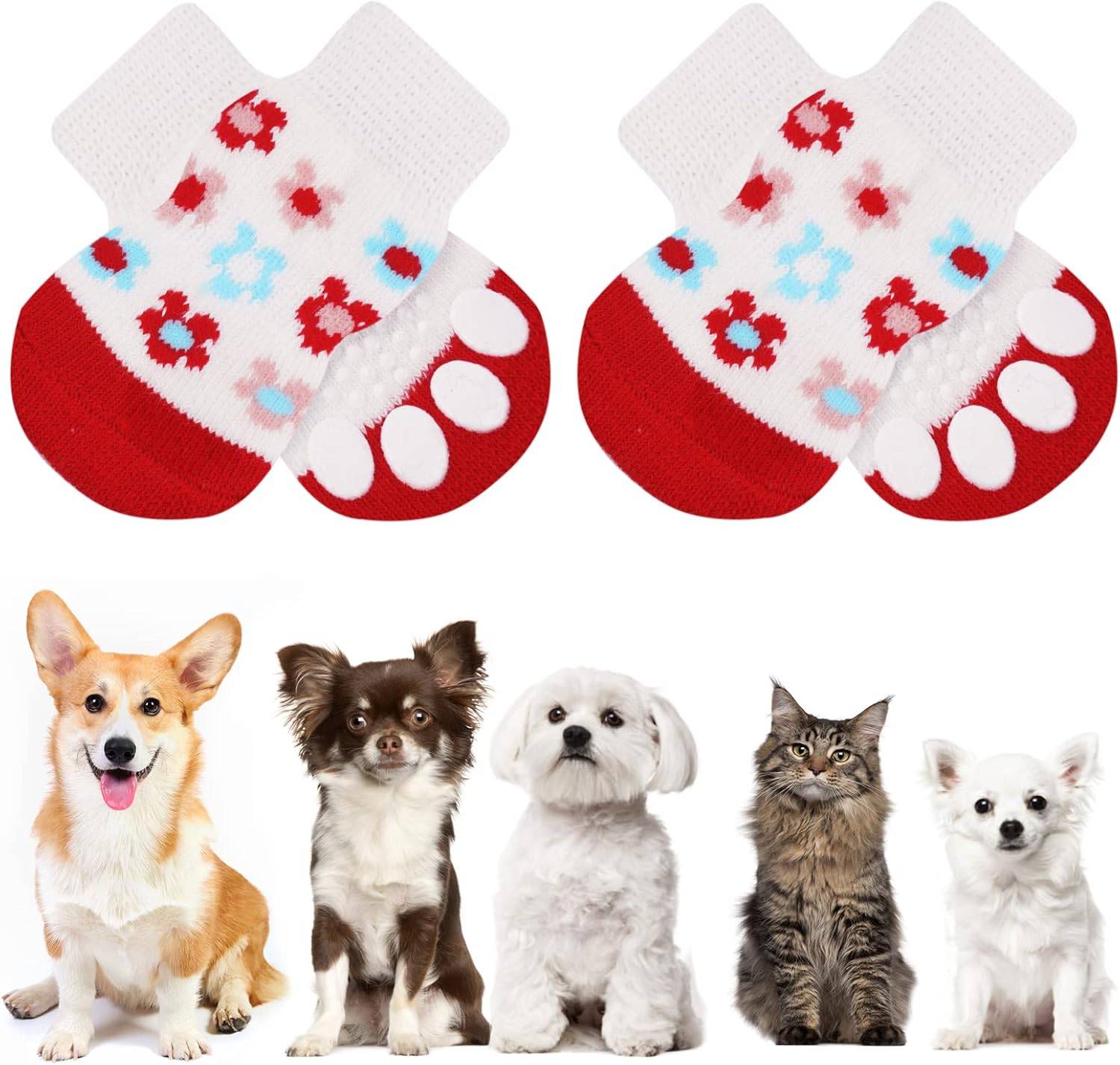 Chaussettes Anti-Dérapantes Chien Chat MOTIF FLEUR blanc rouge L