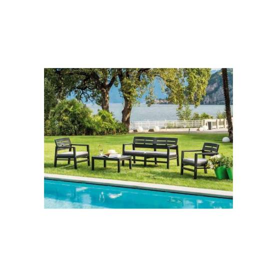 Salon de jardin 4 pièces Anthracite Canapé 2 places + 2 fauteuils + Table basse + 3 Coussins écru KZ GARDEN - Image 3