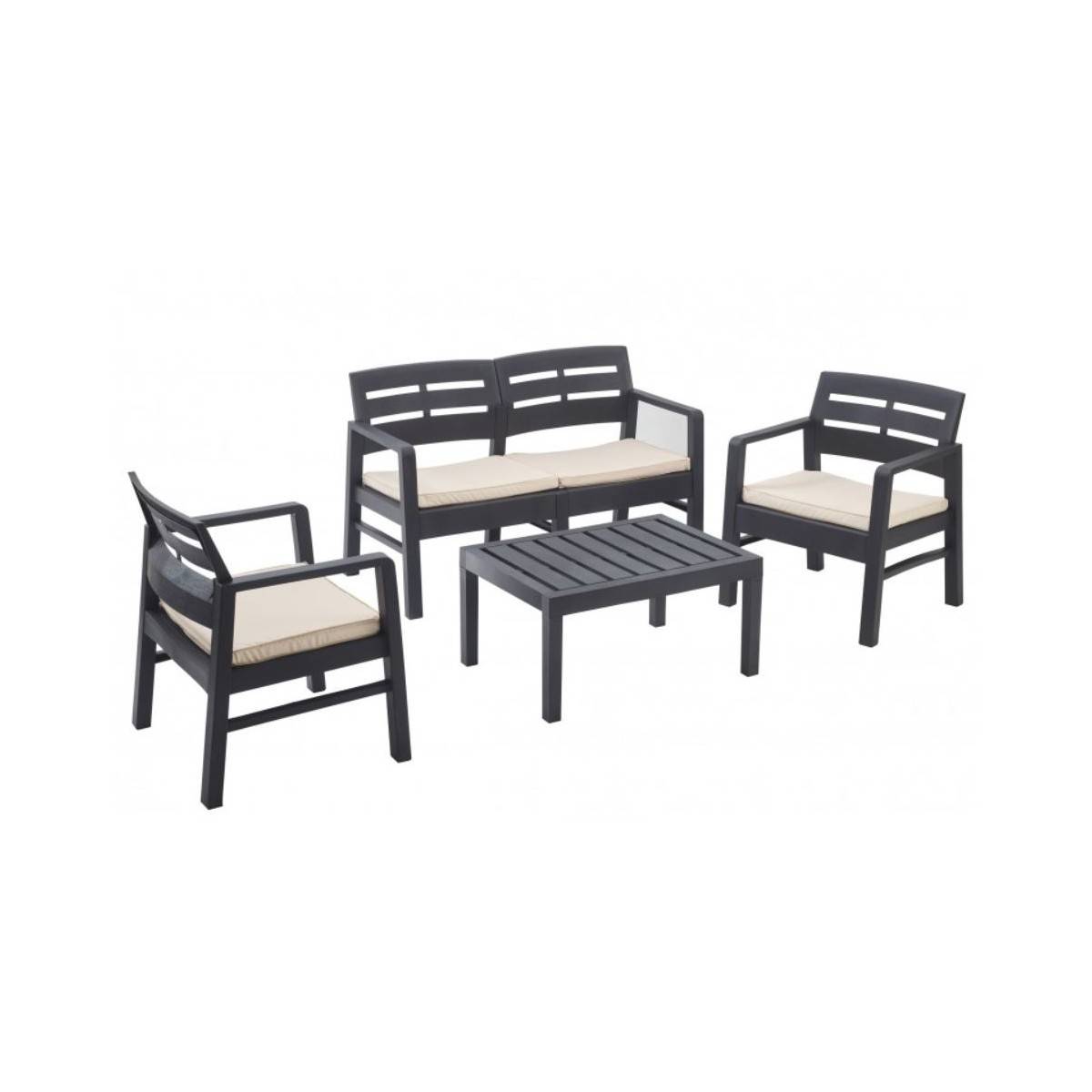 Salon de jardin 4 pièces Anthracite Canapé 2 places + 2 fauteuils + Table basse + 3 Coussins écru KZ GARDEN - Image 1