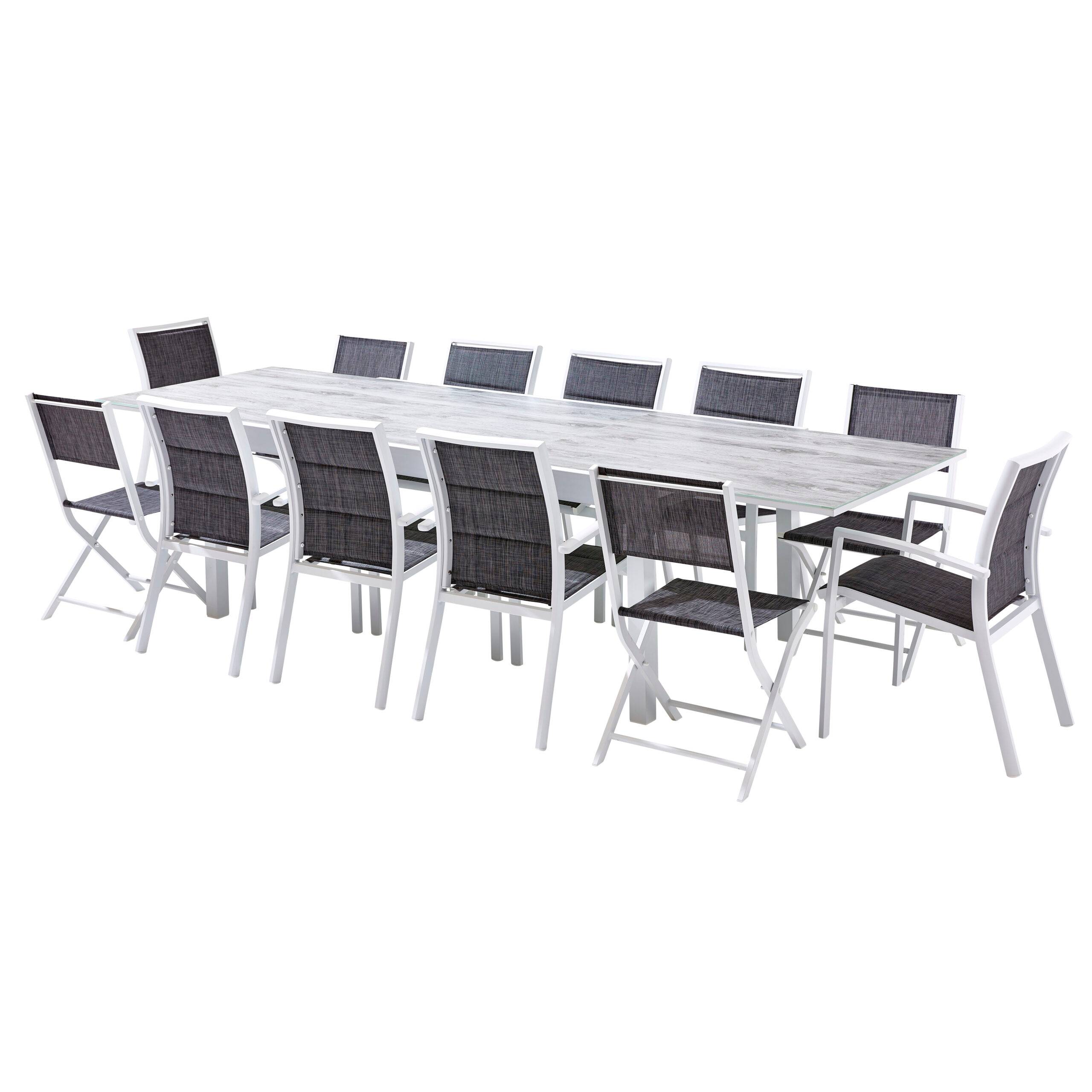 Wilsa Garden - Ensemble MODULO 8/12p en aluminium blanc et verre décors bois avec 8 fauteuils en textilène - Image 1