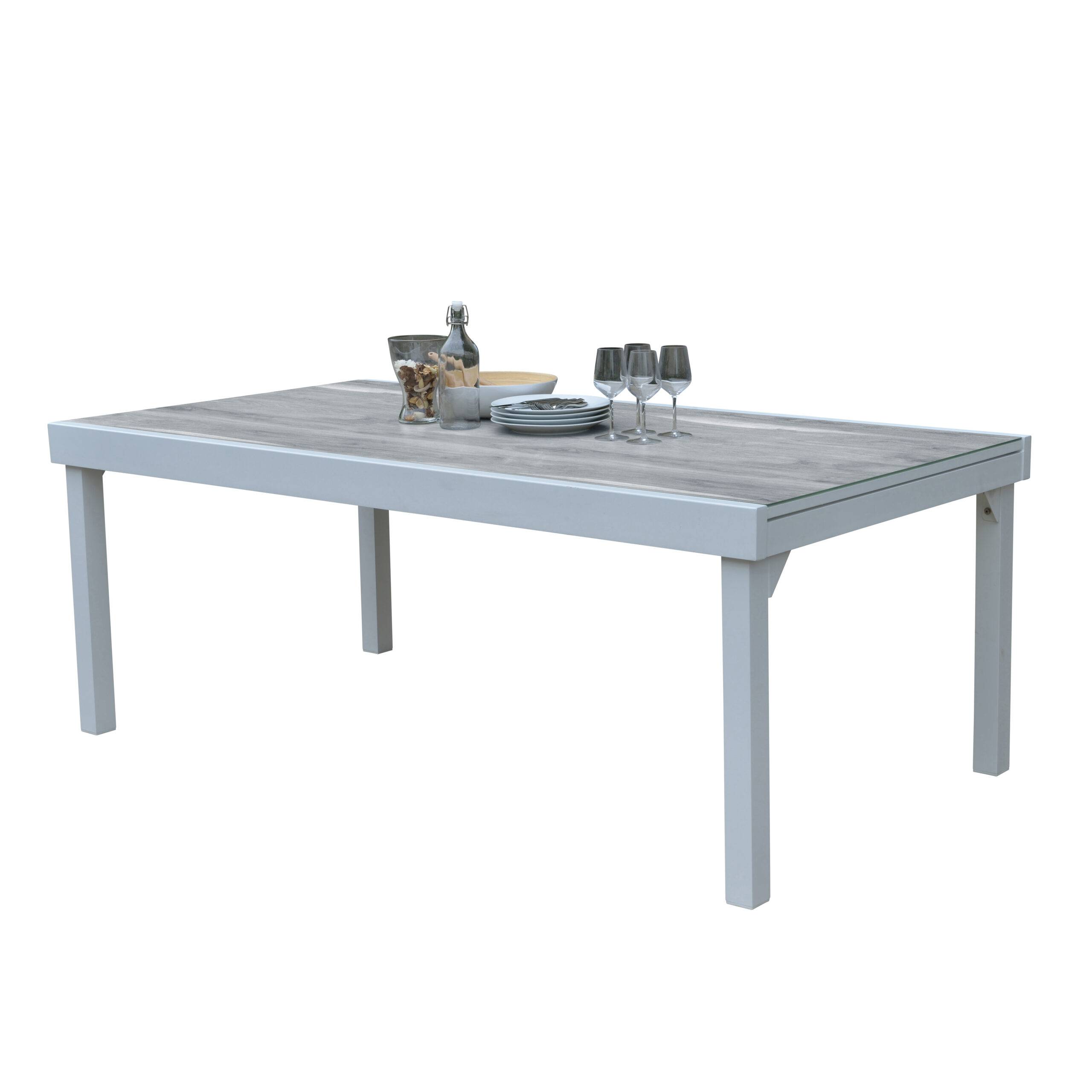 Wilsa Garden - Ensemble MODULO 8/12p en aluminium blanc et verre décors bois avec 8 fauteuils en textilène - Image 4
