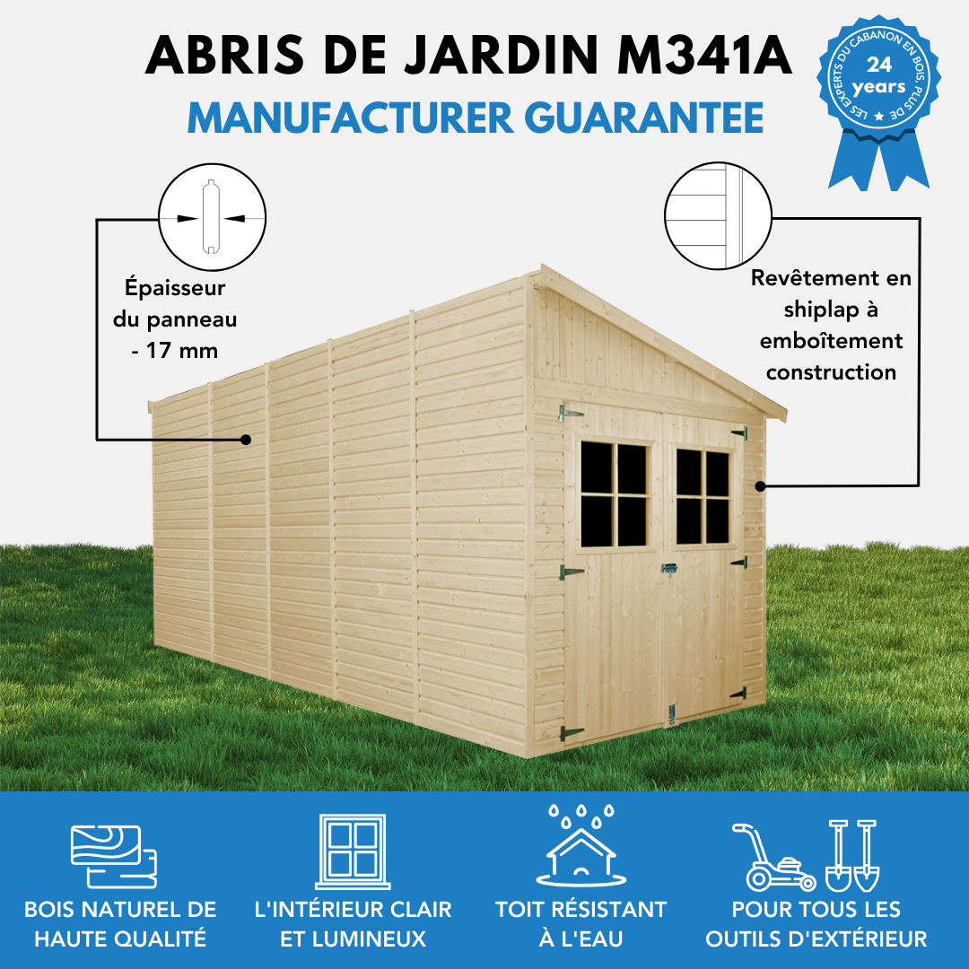 Timbela - Abri de Jardin en Bois Naturel H244x218x514 cm /10 m² avec paroi latérale et fenêtres - 17 mm d’épaisseur - Timbela M341A - Image 8