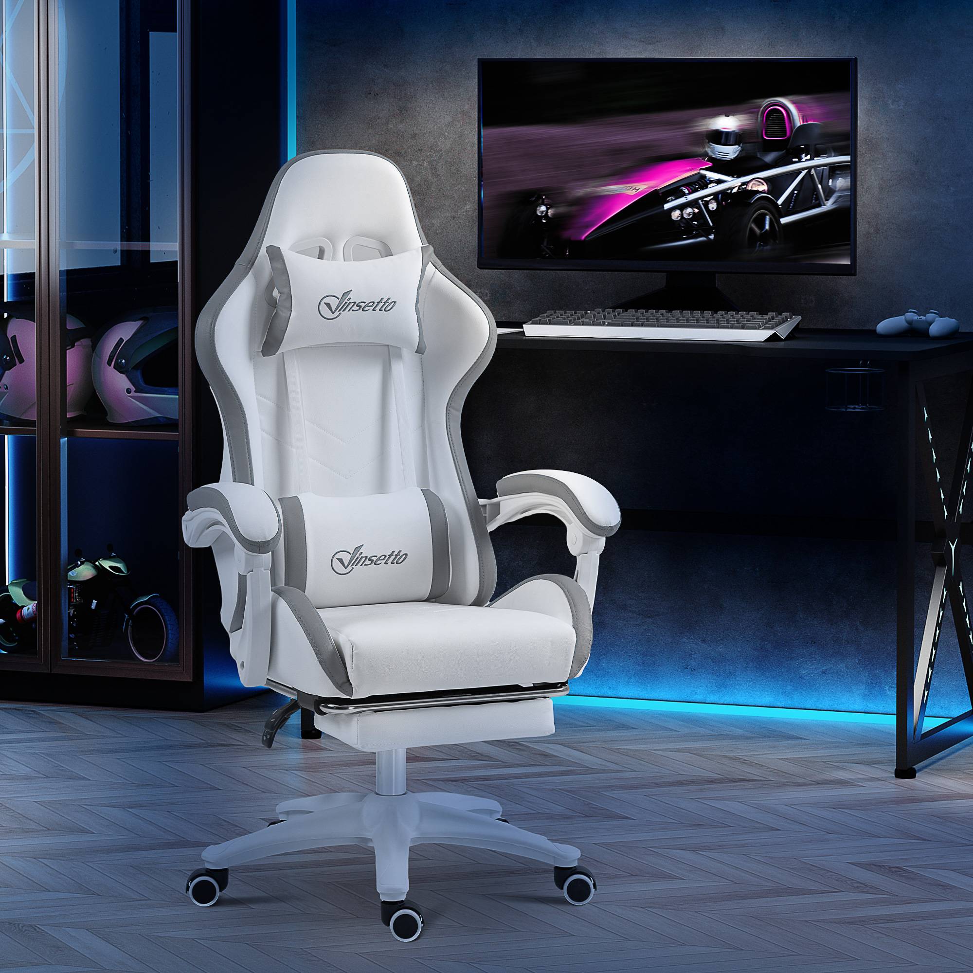 Sans Marque - Chaise gaming fauteuil gaming ergonomique avec dossier inclinable à 135° et soutien lombaire, 65 x 65 x 121-129 cm blanc - Image 4