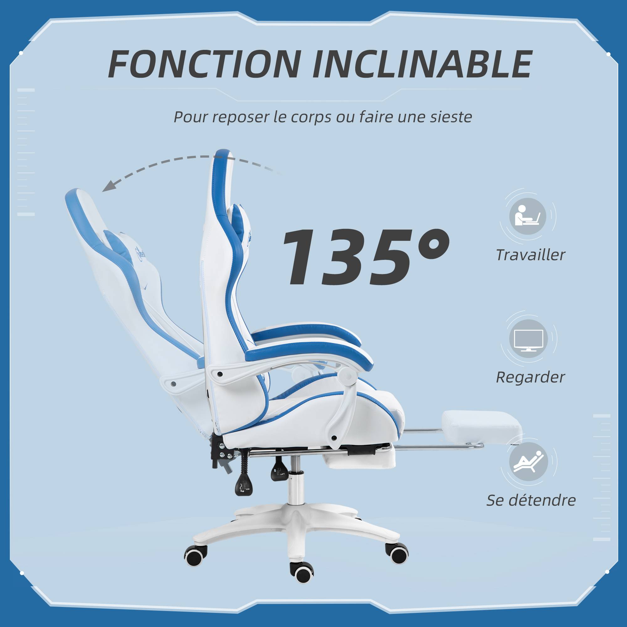 Sans Marque - Chaise gaming fauteuil gaming ergonomique avec dossier inclinable à 135° et soutien lombaire, 65 x 65 x 121-129 cm blanc - Image 7