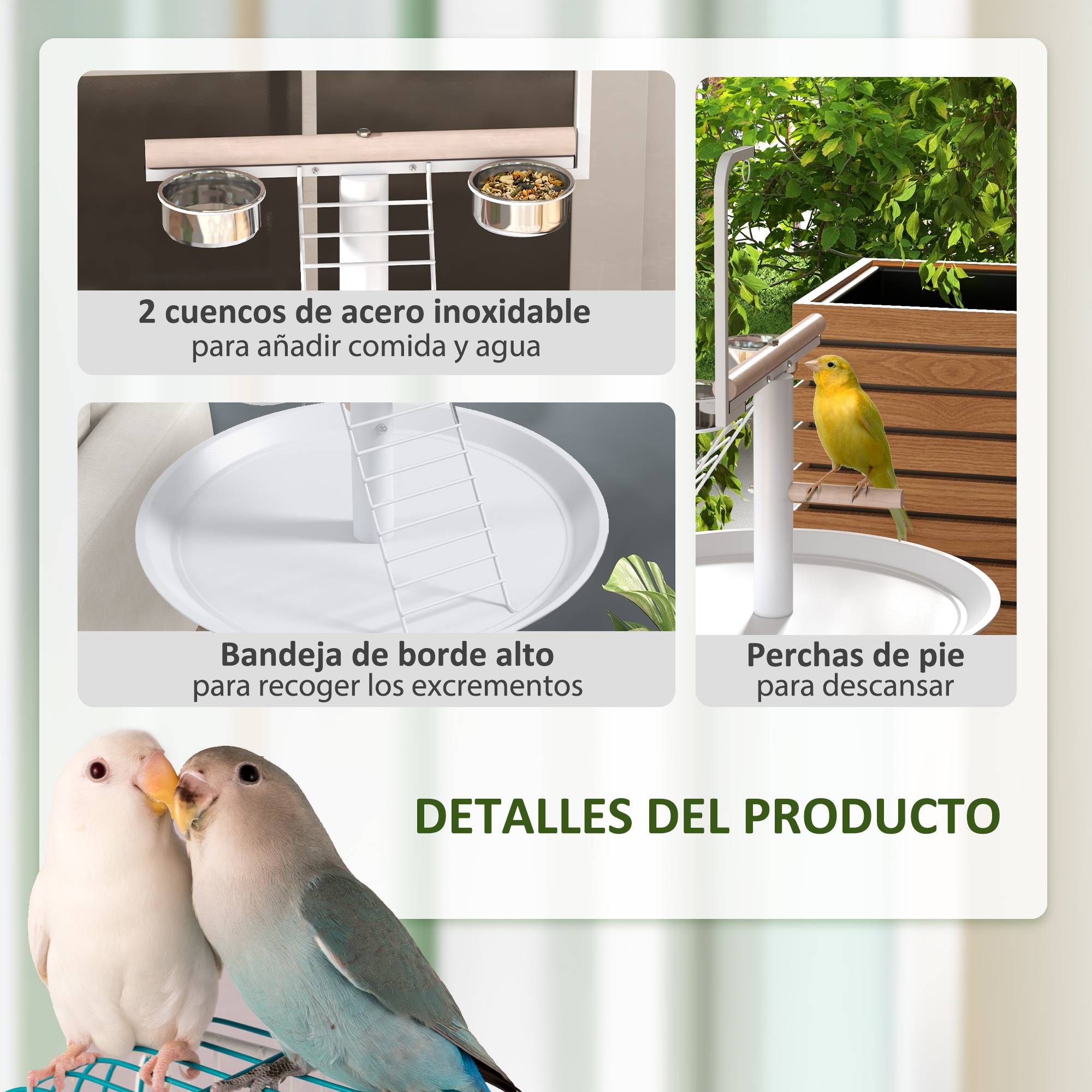 Comedero para Pajaros de Pie Ø60x138 cm avec 4 roues 2 Cuenco en acier inoxydable et 2 perchas blanches - Image 8