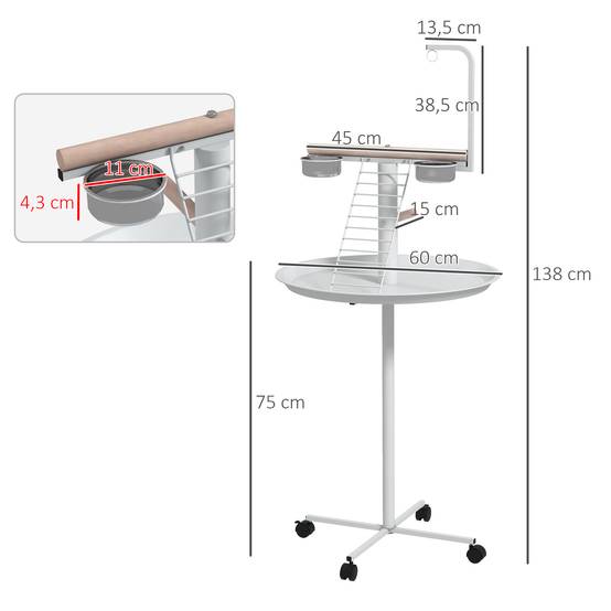 Comedero para Pajaros de Pie Ø60x138 cm avec 4 roues 2 Cuenco en acier inoxydable et 2 perchas blanches - Image 5