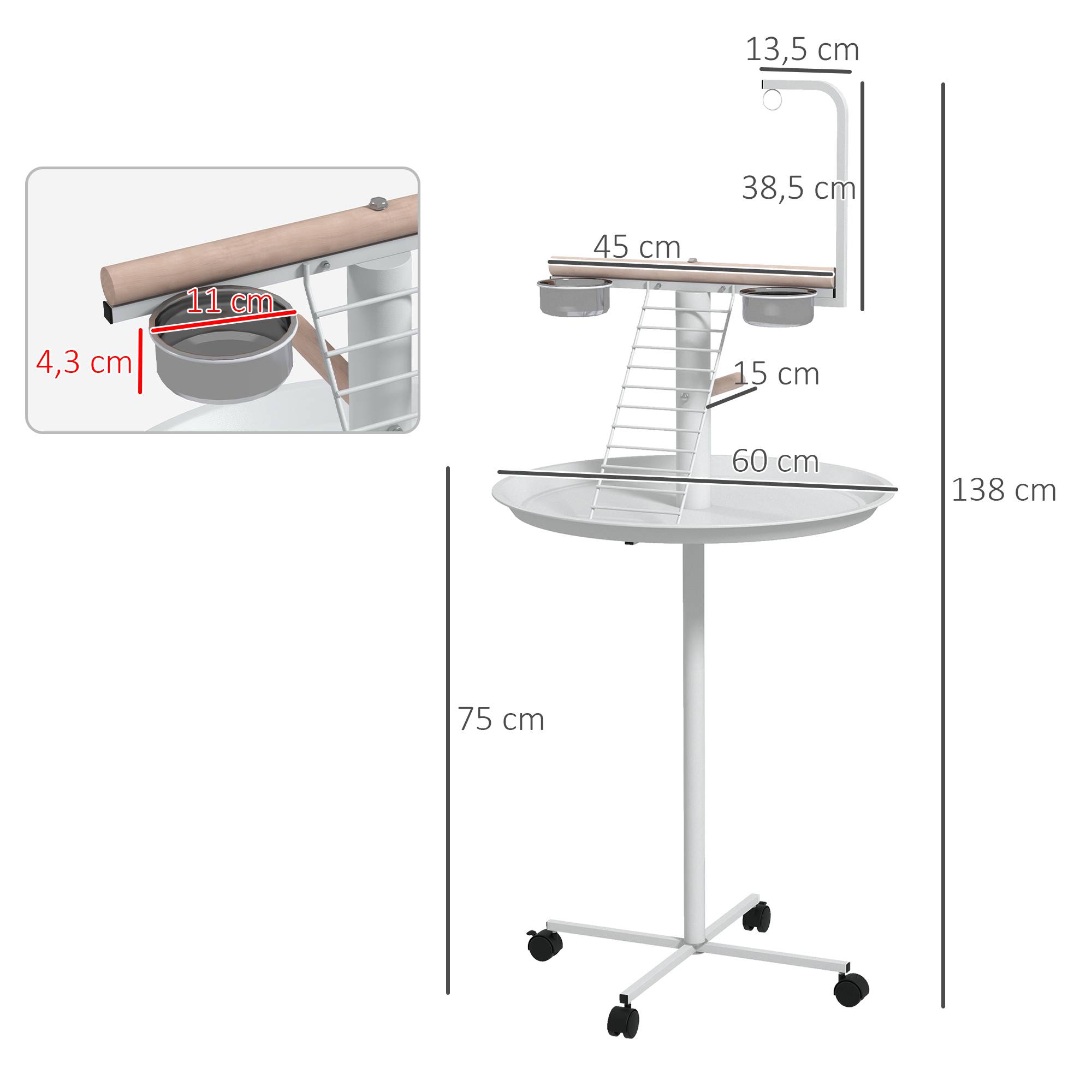Comedero para Pajaros de Pie Ø60x138 cm avec 4 roues 2 Cuenco en acier inoxydable et 2 perchas blanches - Image 5