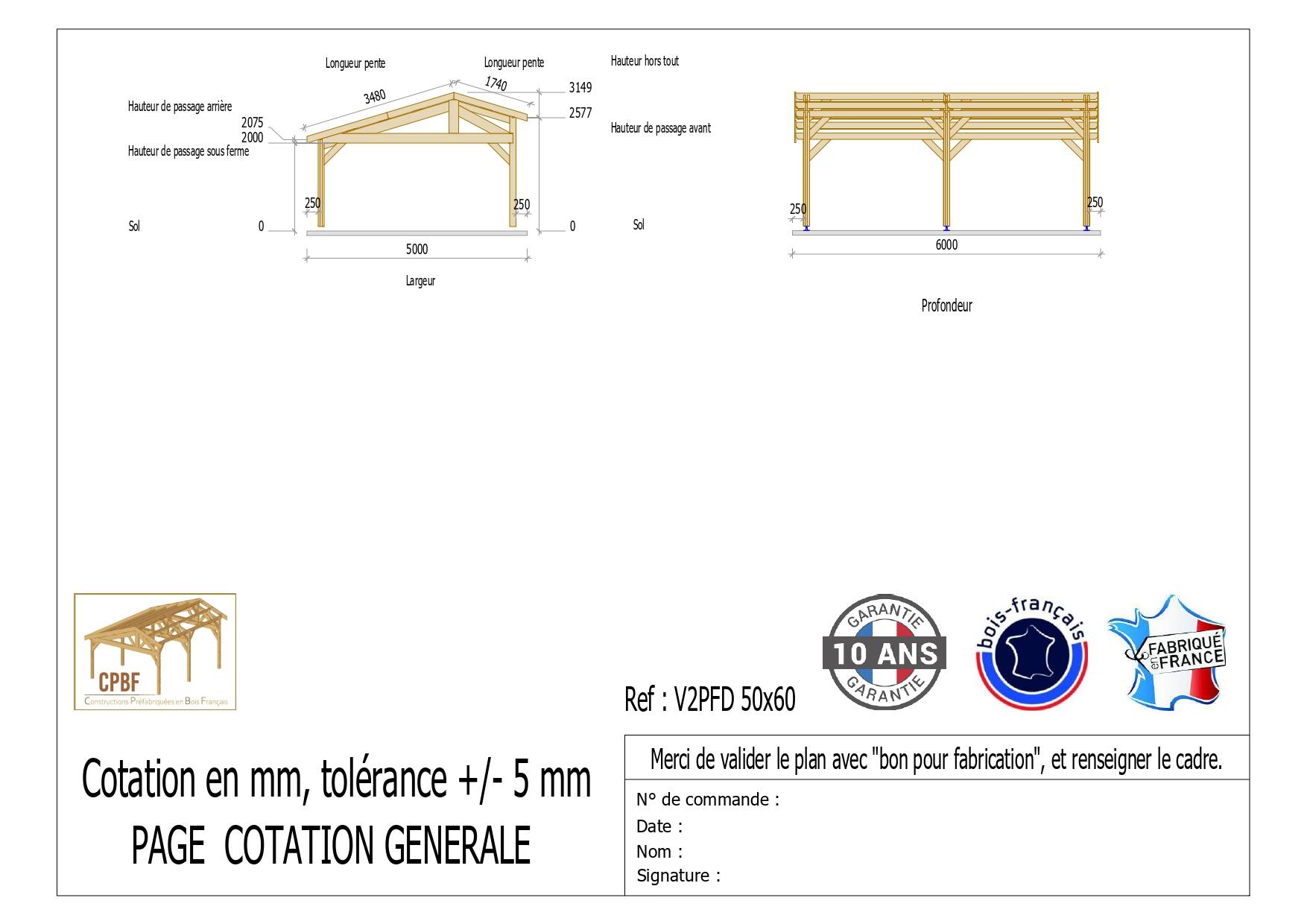 Cpbf Charpentes - Carport deux pentes faitage décalé, 500cm x 600cm, bois DOUGLAS Français (Charpente en bois-auvent-abri voiture), 30 m². Garantie 10 ans - Image 2