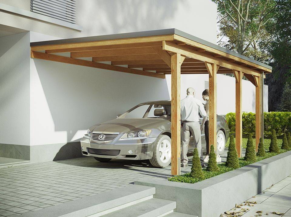 Carport Adosse Bois RIVERSIDE - 1 Voiture - 363 x 555 - Abris Voiture - Feutre Bitumeux sur les Voliges - Bandeau de Finition - Image 1