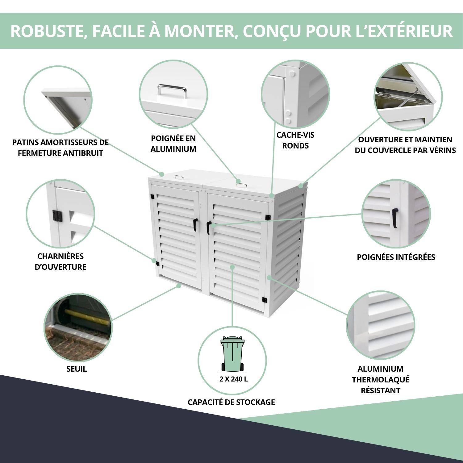 Cache Poubelle Extérieur Double en Aluminium thermolaqué - Abri pour 2 conteneurs 240 Litres – Blanc RAL 9010 - Image 5