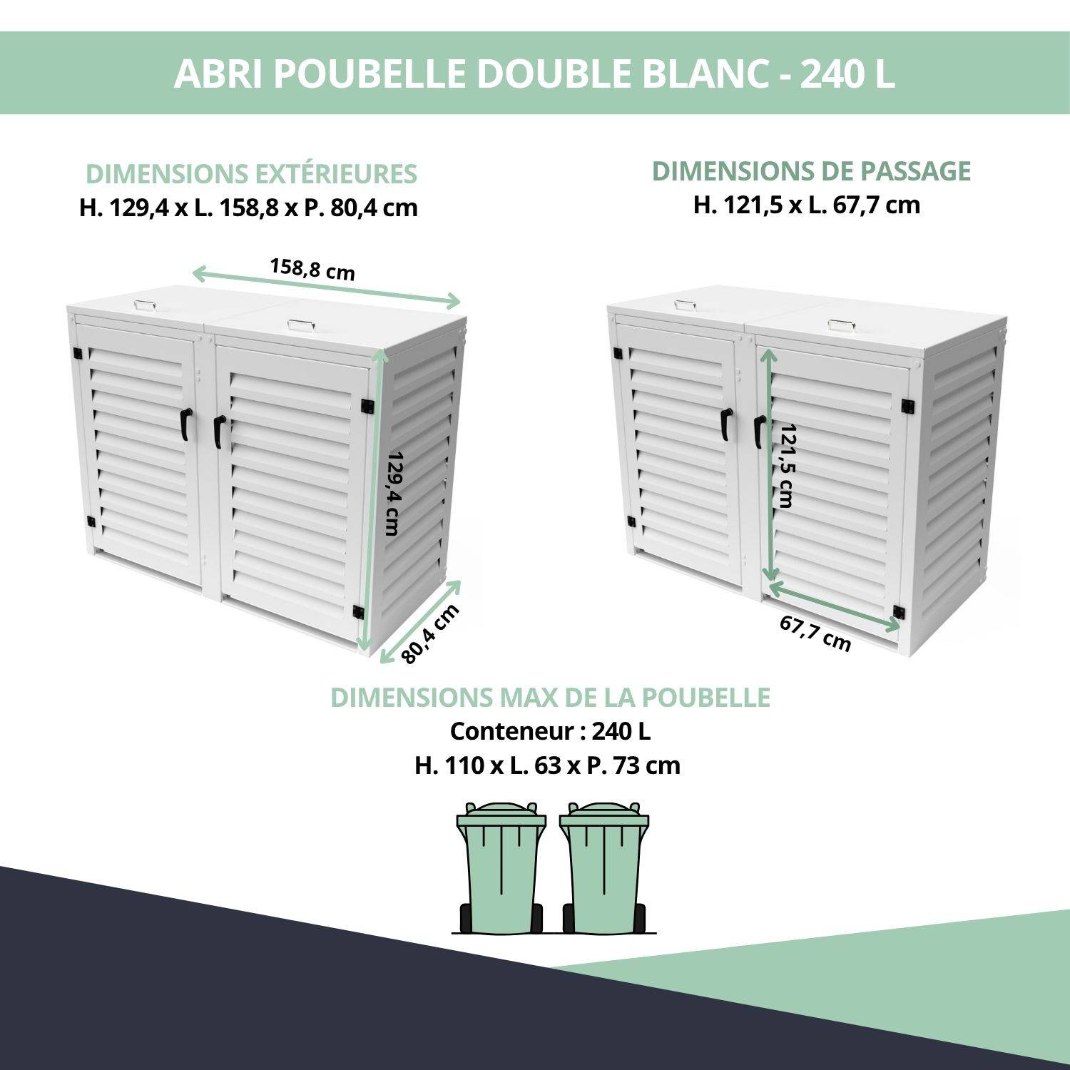 Cache Poubelle Extérieur Double en Aluminium thermolaqué - Abri pour 2 conteneurs 240 Litres – Blanc RAL 9010 - Image 3