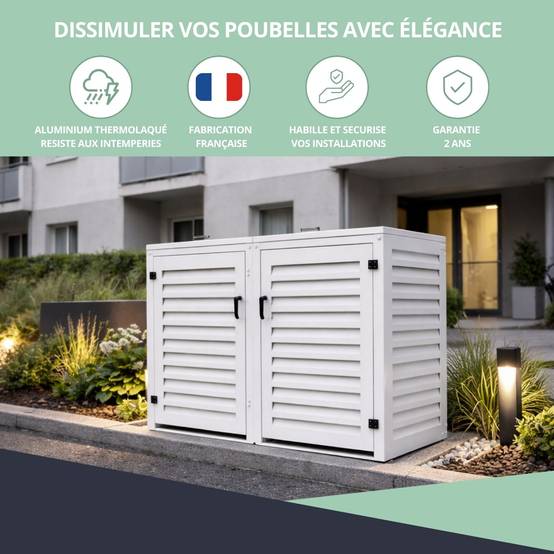 Cache Poubelle Extérieur Double en Aluminium thermolaqué - Abri pour 2 conteneurs 240 Litres – Blanc RAL 9010 - Image 7