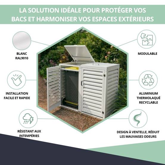 Cache Poubelle Extérieur Double en Aluminium thermolaqué - Abri pour 2 conteneurs 240 Litres – Blanc RAL 9010 - Image 2