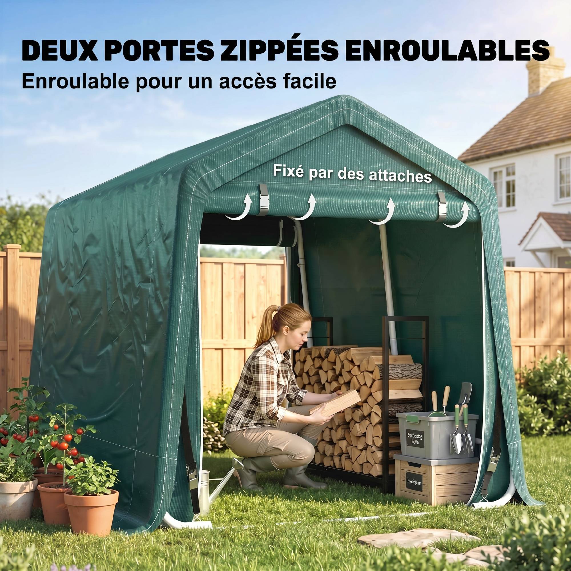 Abri moto extérieur 2,4x2m, tente garage outils métal PE pour moto vélo, vert - Image 7