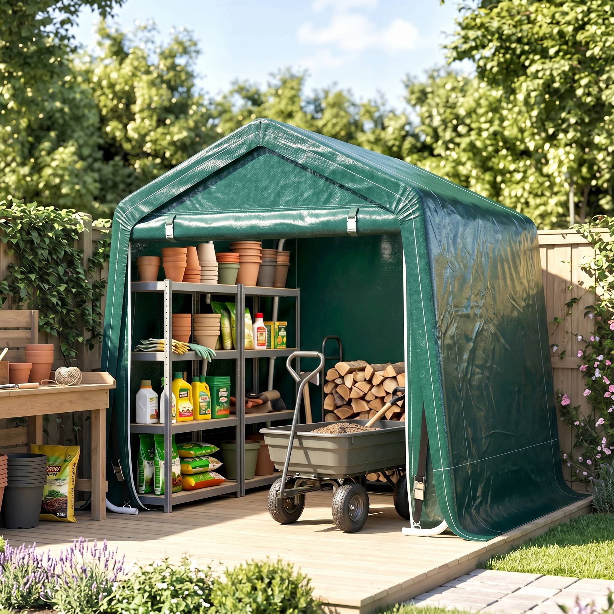 Abri moto extérieur 2,4x2m, tente garage outils métal PE pour moto vélo, vert - Image 3