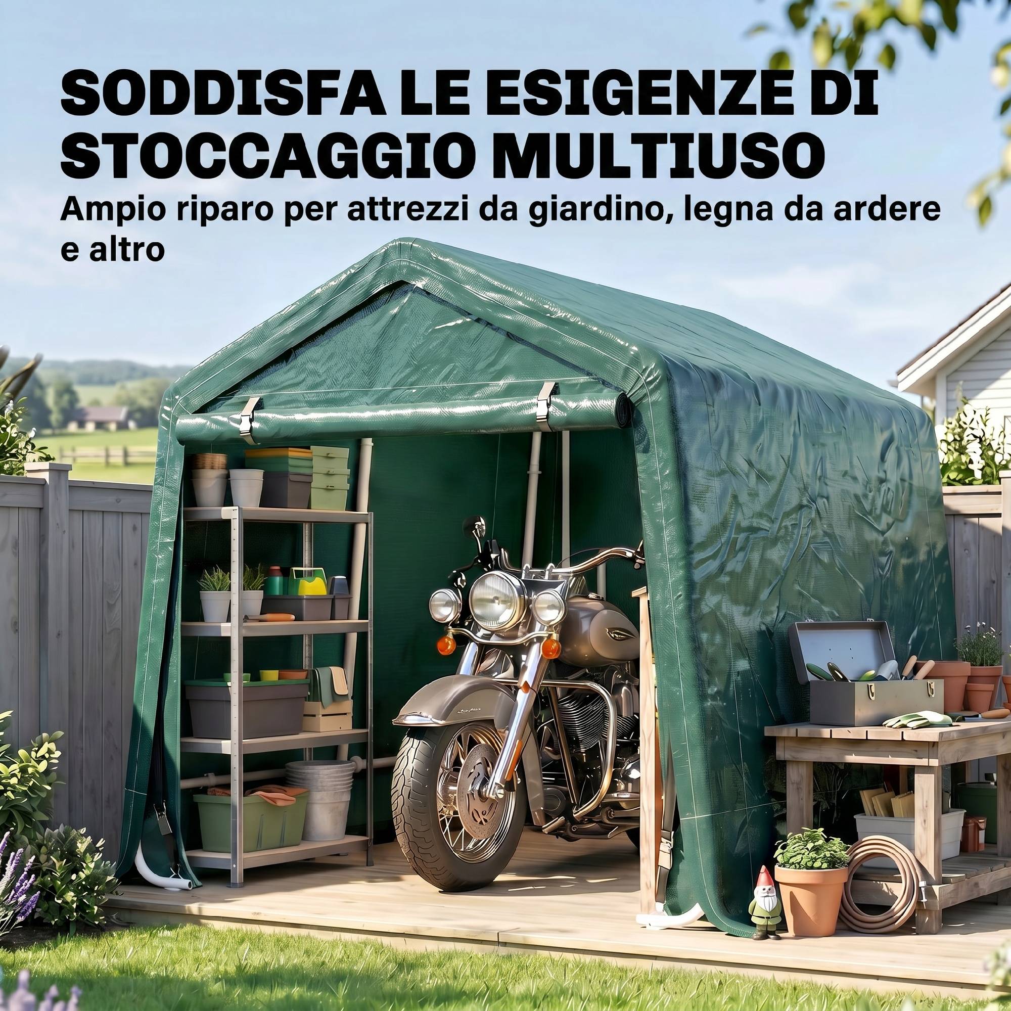 Abri moto extérieur 2,4x2m, tente garage outils métal PE pour moto vélo, vert - Image 9