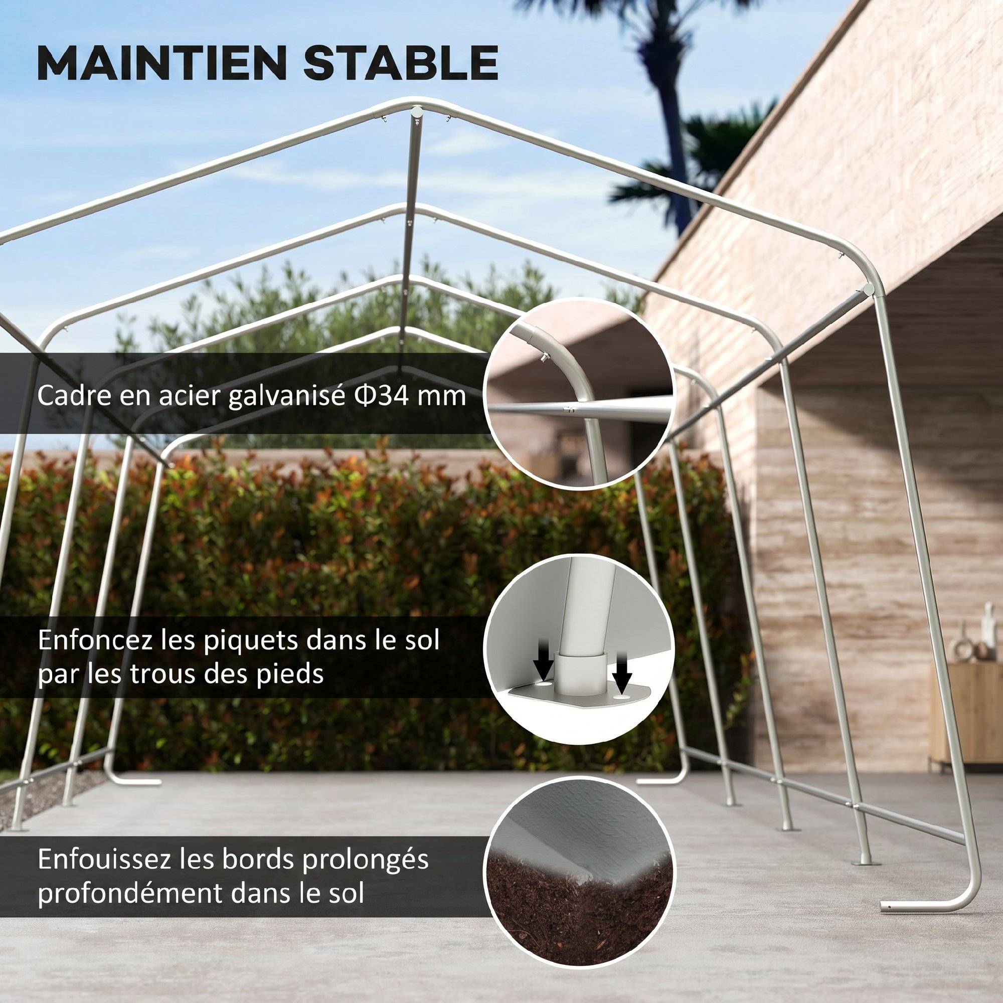 Tente garage carport dim. 6,2L x 3,3l x 2,4H m acier galvanisé robuste PE haute densité 150 g/m² imperméable anti-UV - Image 7