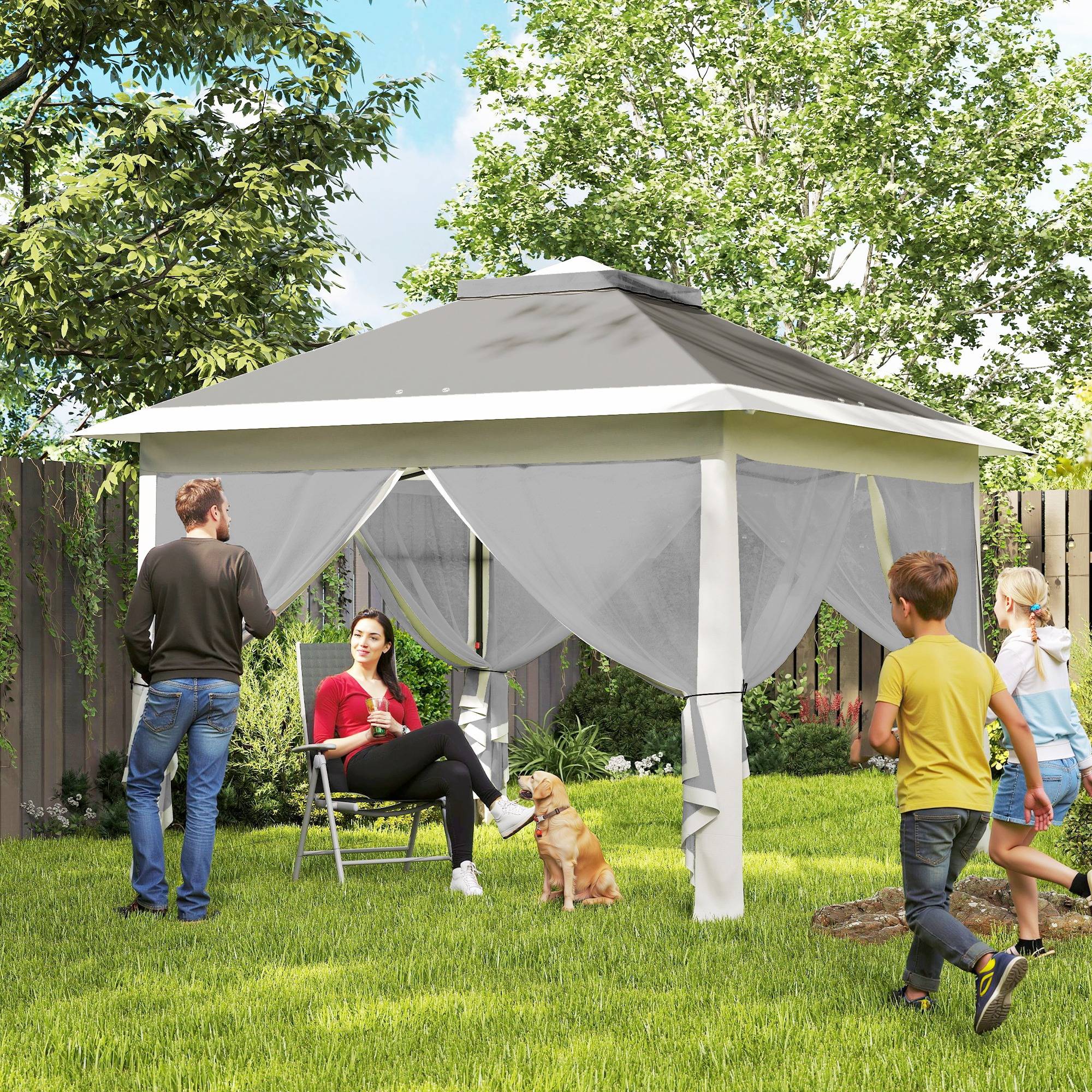 Sans Marque - Tente pliante pop-up 3,3 x 3,3 m, hauteur réglable, double toit, moustiquaires amovibles et sac de transport inclus, gris anti-UV - Image 3