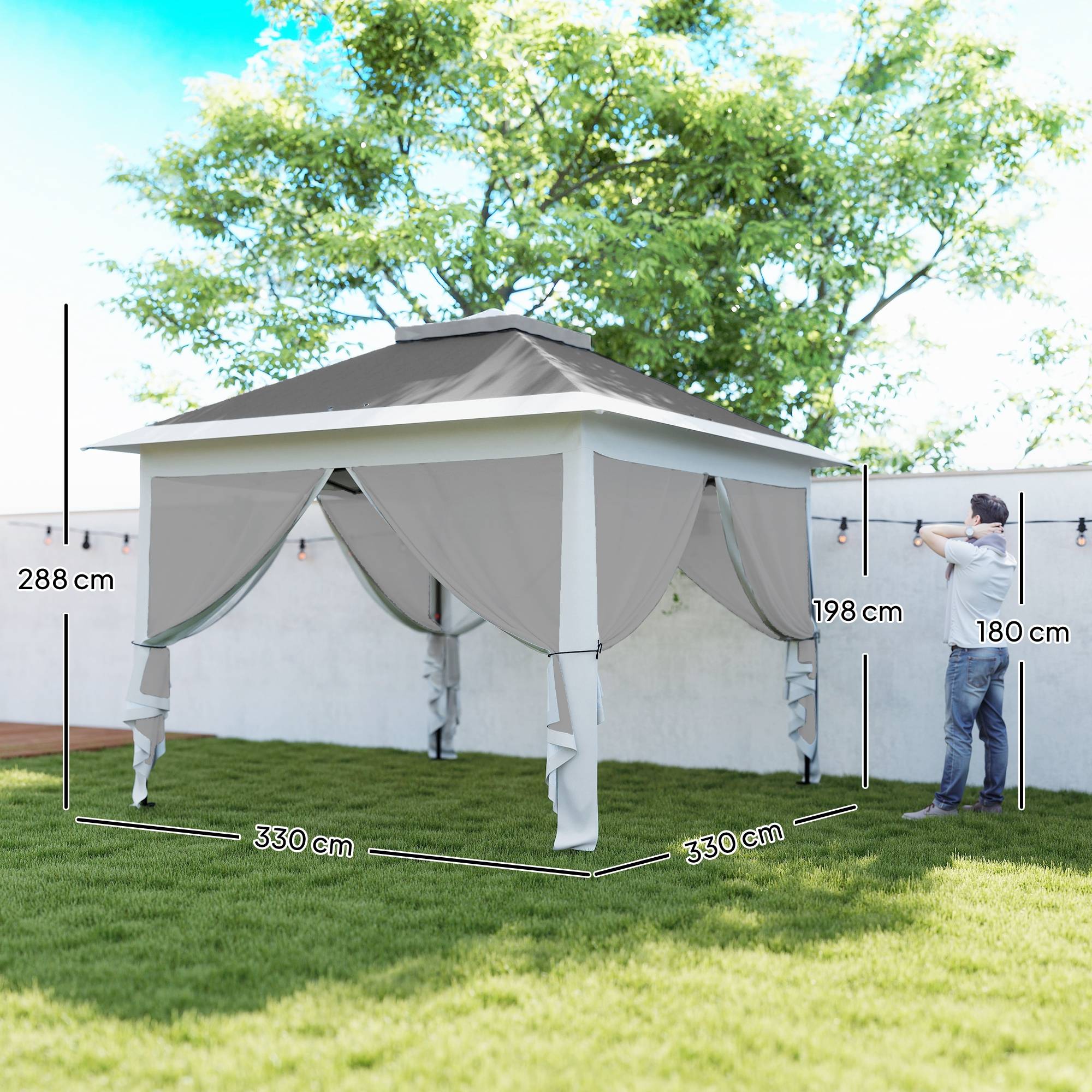 Sans Marque - Tente pliante pop-up 3,3 x 3,3 m, hauteur réglable, double toit, moustiquaires amovibles et sac de transport inclus, gris anti-UV - Image 5