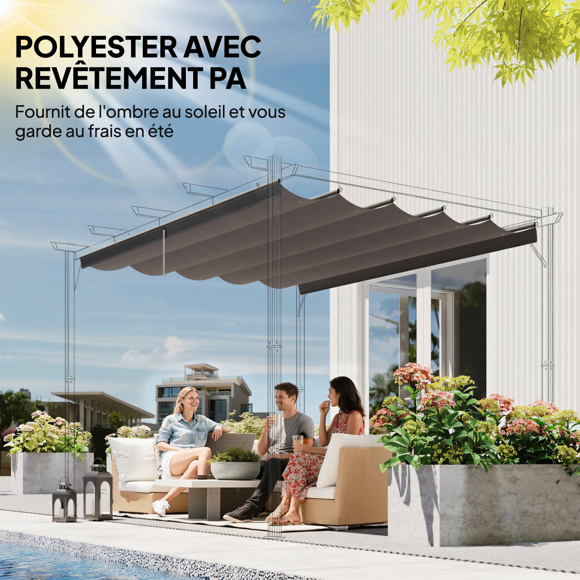 Toile de toit pour pergola tonnelle rétractable de 3 x 3 m - toile uniquement 250 x 255 cm gris clair - Image 7
