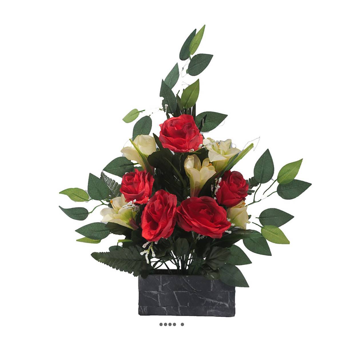 Artificielles - Jardinière fleurs artificielles cimetière roses, lys et ficus Rouge - couleur: Rouge - Image 1