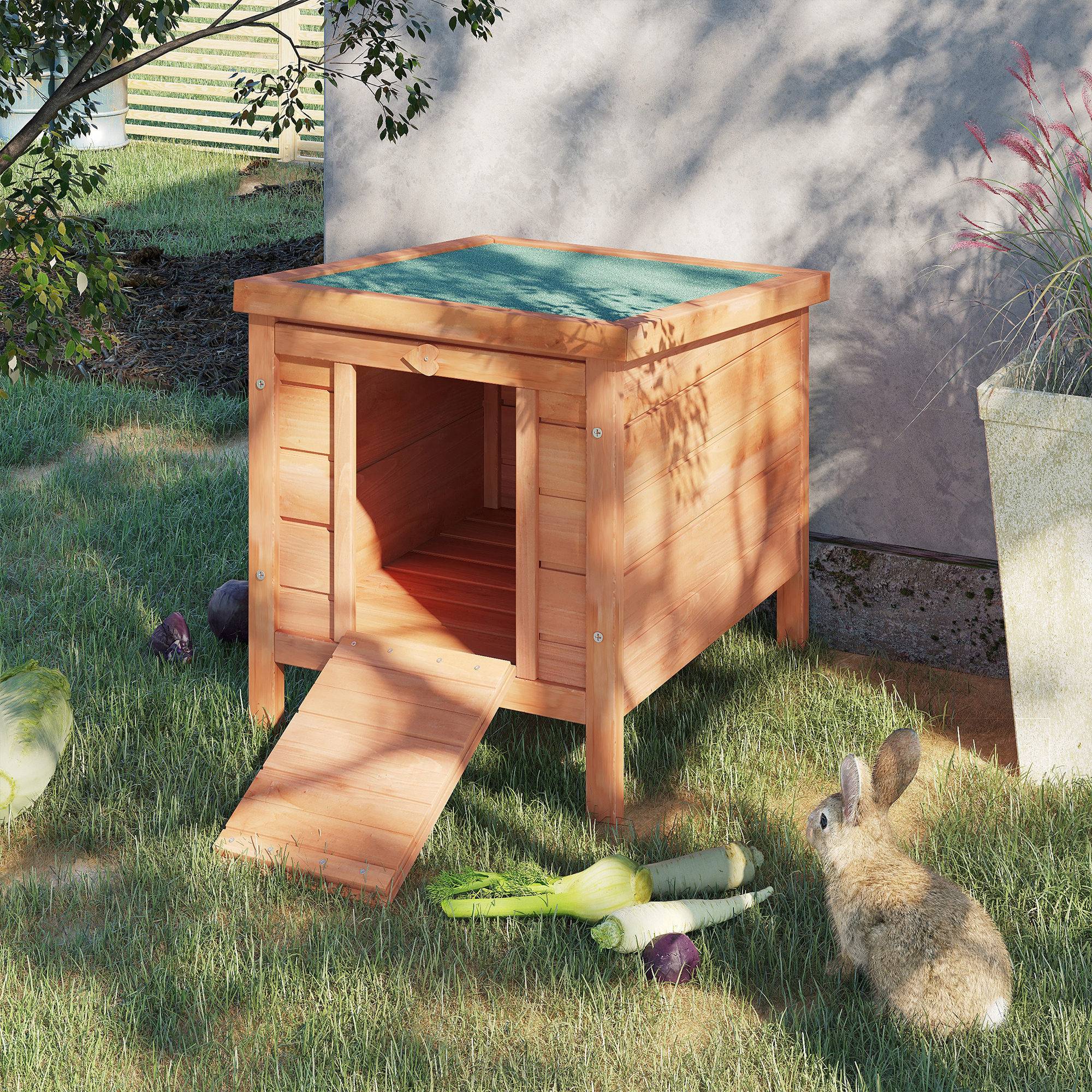 Sans Marque - Conejera madera exterior jaula caseta roedores mascotas pequeñas techo asfáltico abrir rampa antideslizante 42x51x43 cm natural - Image 3