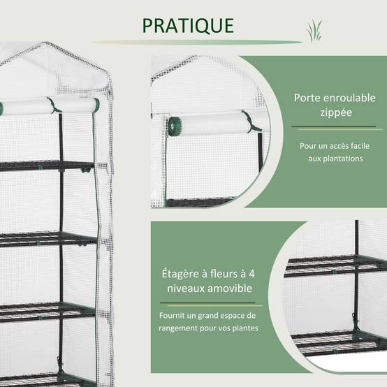 ComfortXL - Mini serre de jardin acier galvanisé 70 x 50 x 160 cm blanche 4 niveaux porte enroulable - ComfortXL Outdoor Living - Image 7