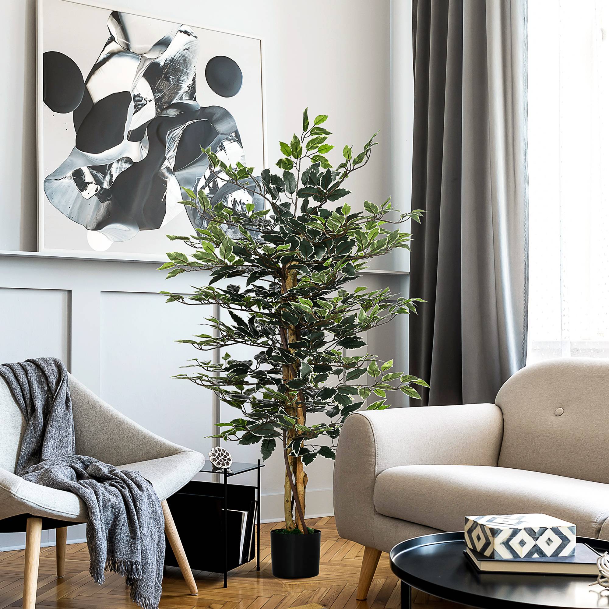 Plante artificielle ficus tronc branches liane lichen feuilles grand réalisme pot inclus hauteur 1,3 m - Image 4